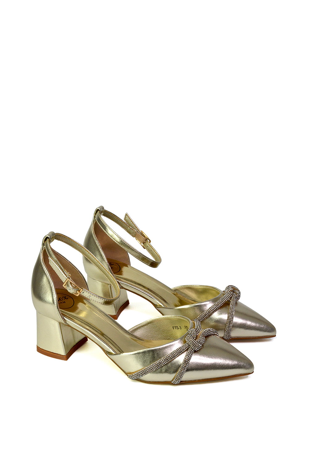 Gold 'Sarah' Ankle Strap Pointed Toe Diamante Mid Block Heels, Image 3 of 5