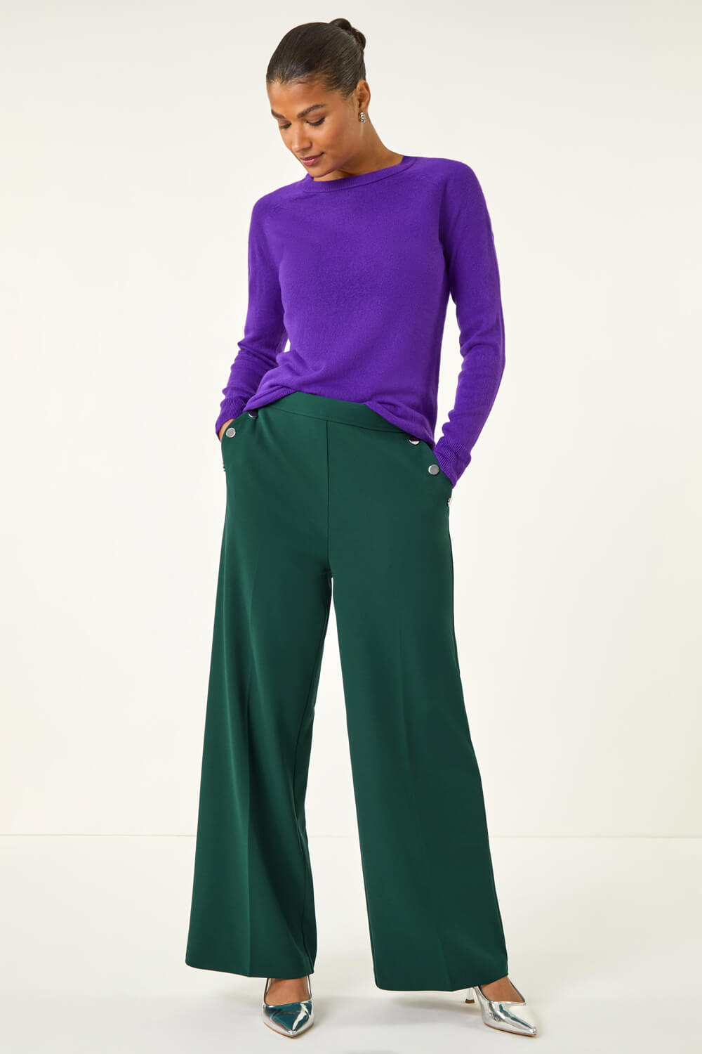 Teal Button Pocket Full Length Trousers, Image 4 of 6