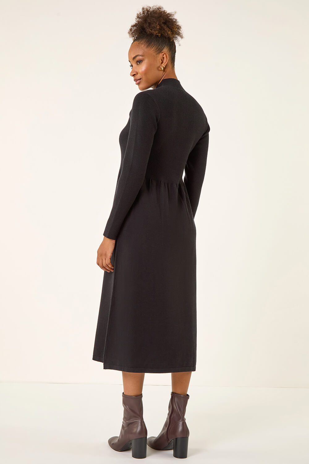 Black Ribbed Knit High Neck Midi Dress, Image 4 of 5