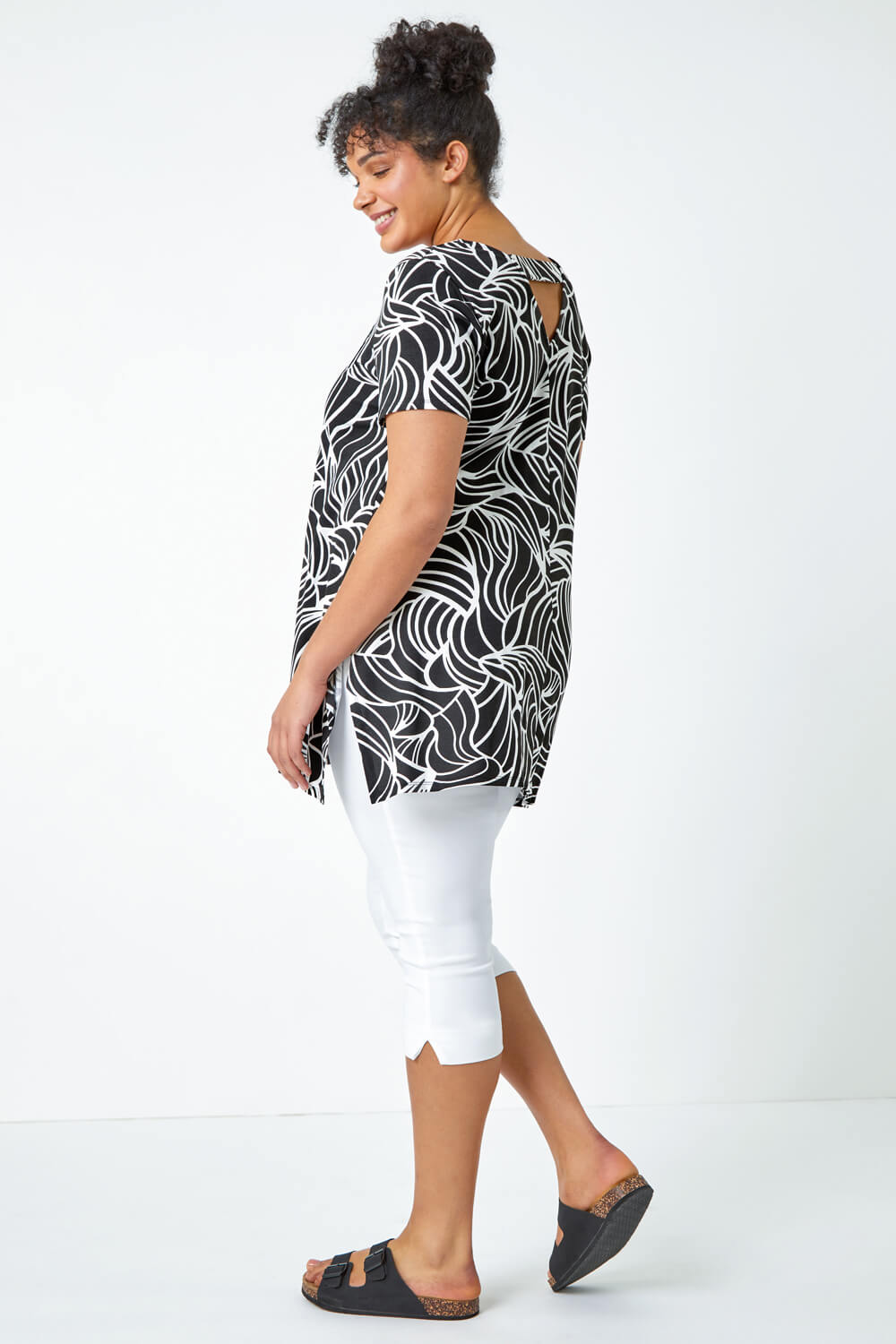 Black Curve Swirl Print Stretch Top, Image 1 of 5