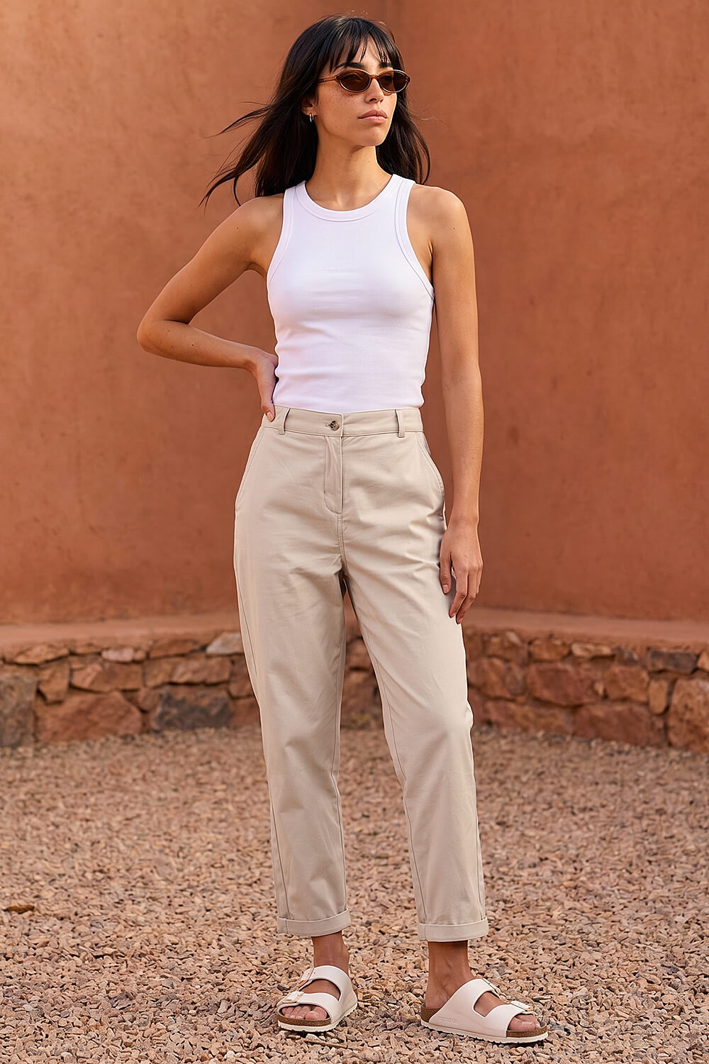Stone Petite Cotton Blend Stretch Chino Trousers, Image 1 of 4