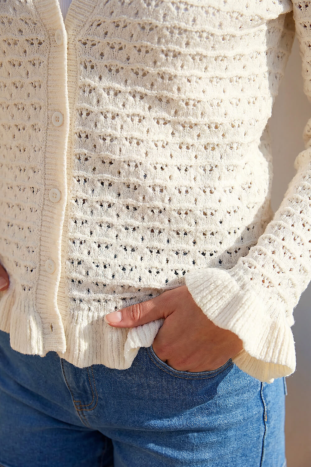 Ivory Petite Textured Frill Hem Knit Cardigan , Image 5 of 4