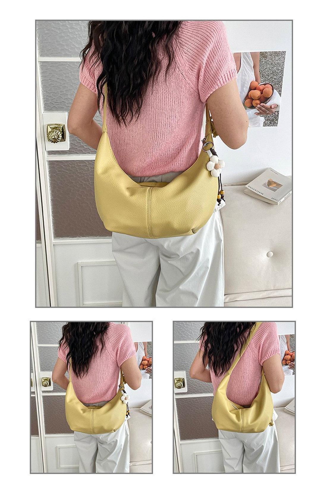 Yellow Crescent Shoulder Bag With Flower Charm, Image 3 of 3