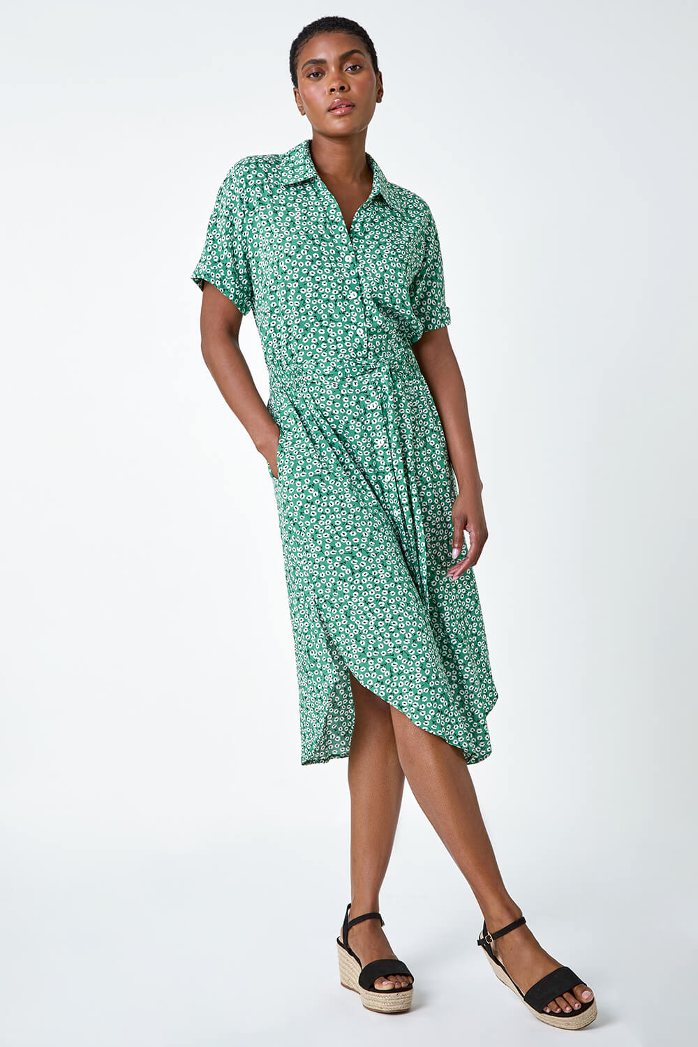 Green Ditsy Floral Print Shirt Dress, Image 3 of 5