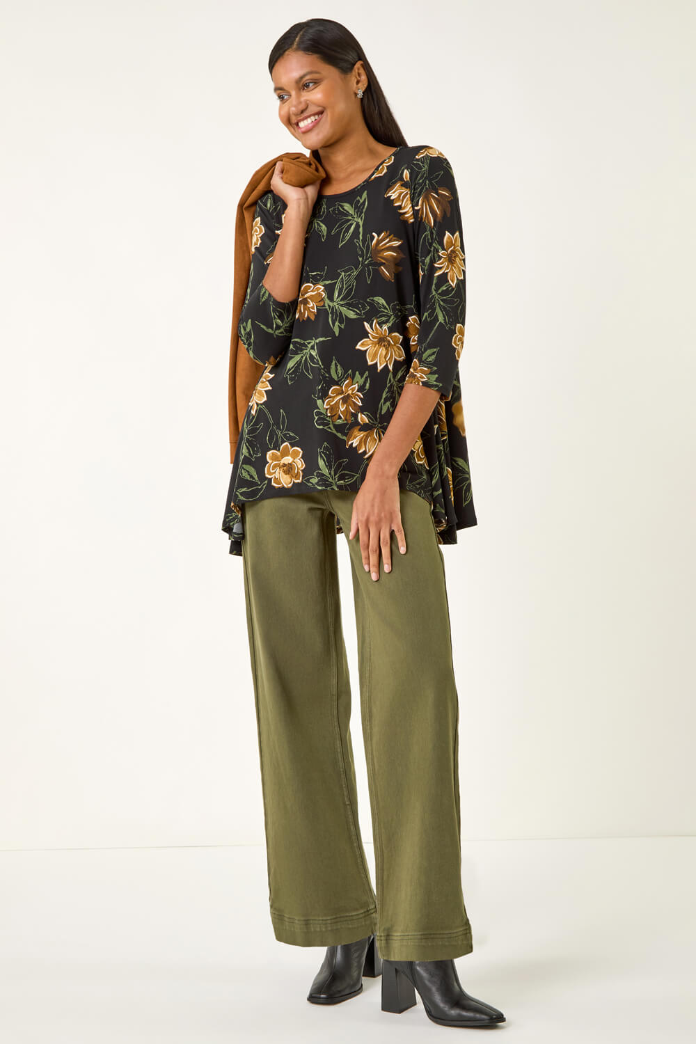 Yellow Floral Print Stretch Tunic Top, Image 3 of 5