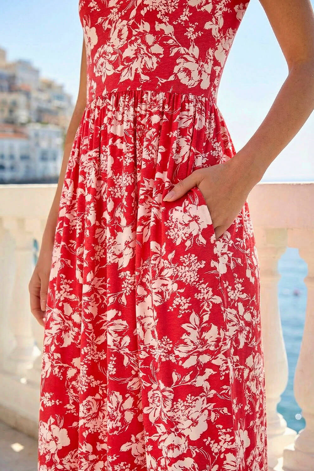 Red Floral Print Stretch Midi Dress, Image 5 of 4