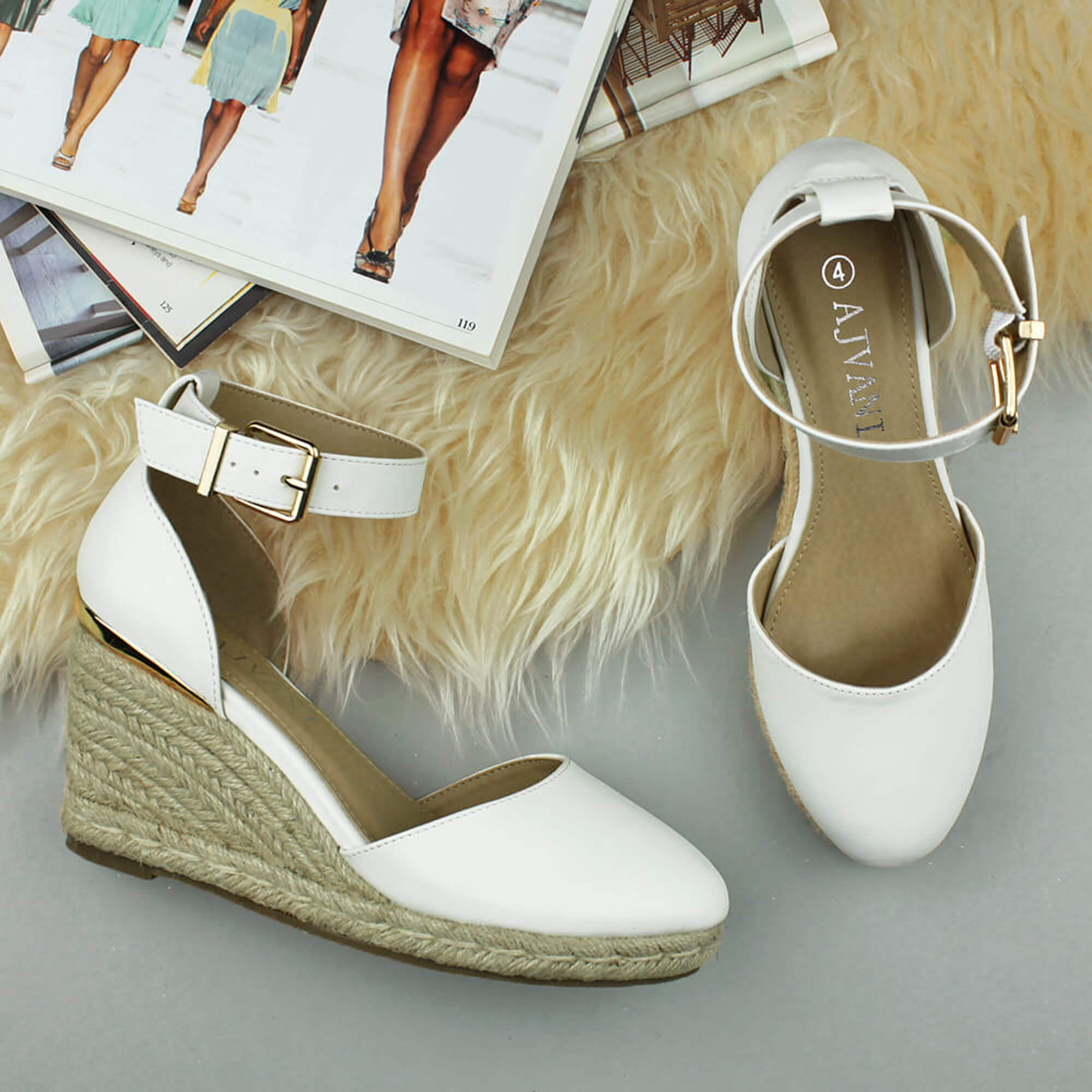 White AJVANI White Mid Wedge Heel Ankle Strap Espadrille Sandals, Image 4 of 6