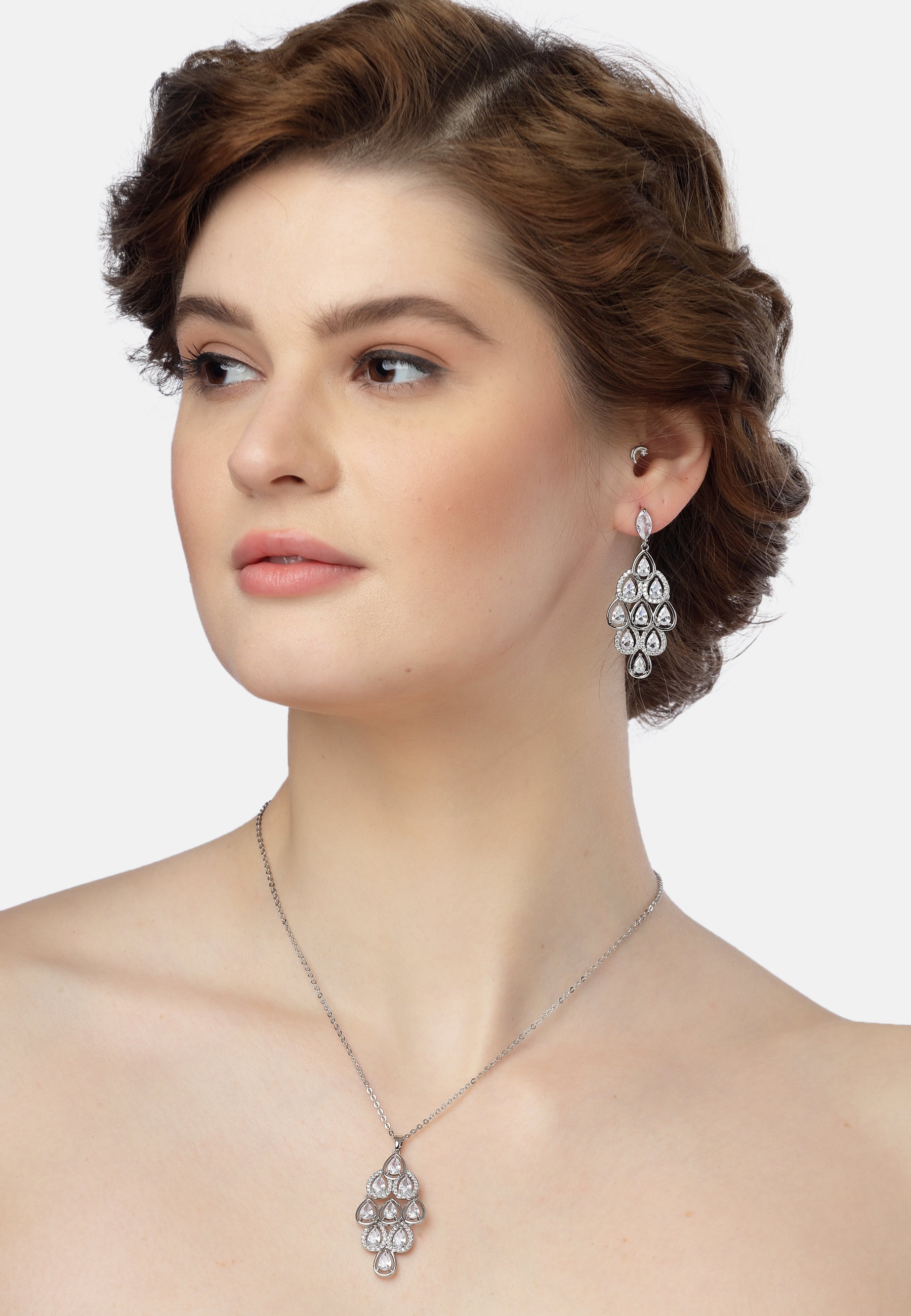 Silver Pearlescent Waterfall Necklace and Earrings Set, Image 6 of 7