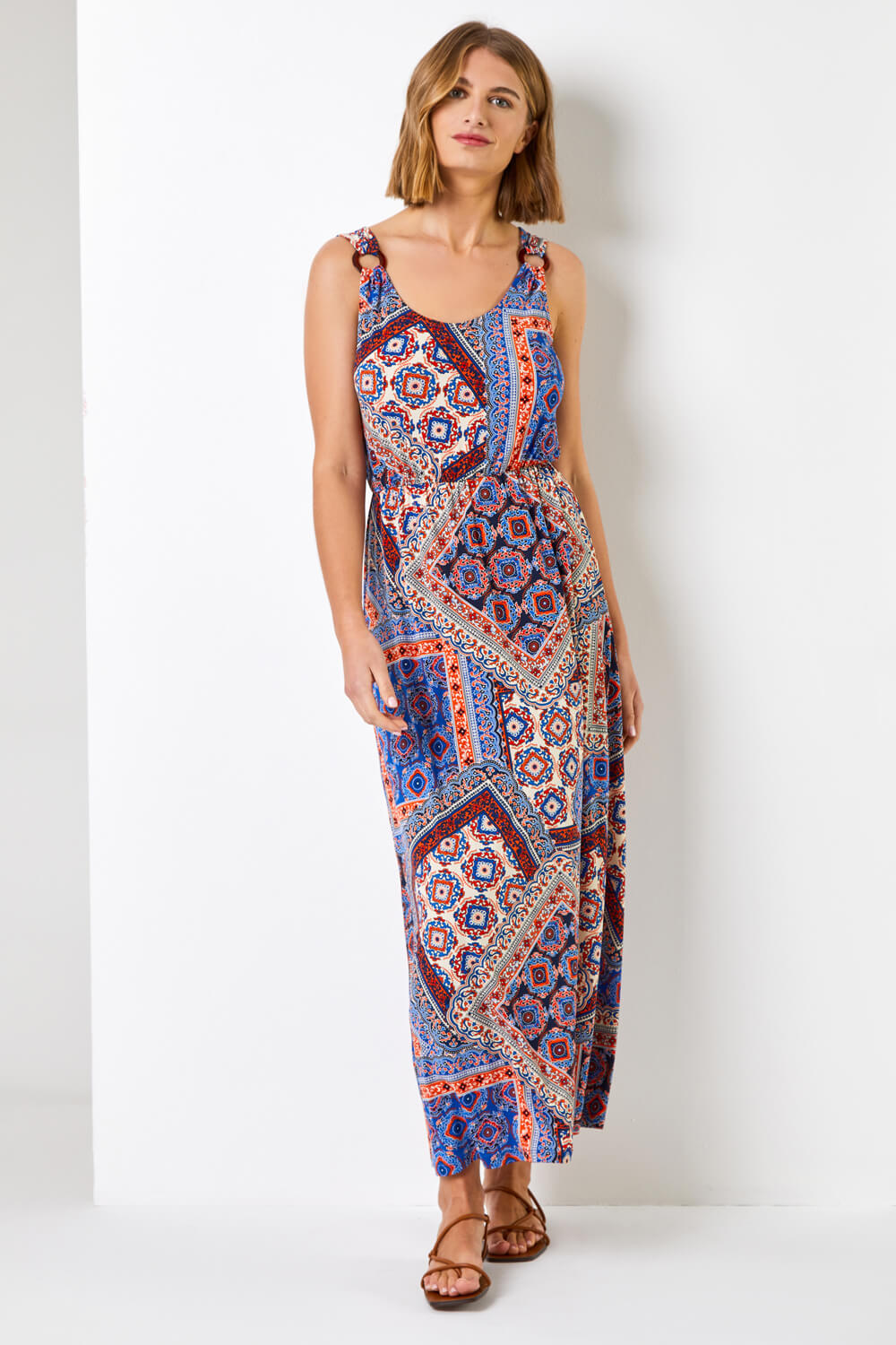 Blue Geo Print Ring Detail Maxi Dress, Image 5 of 5