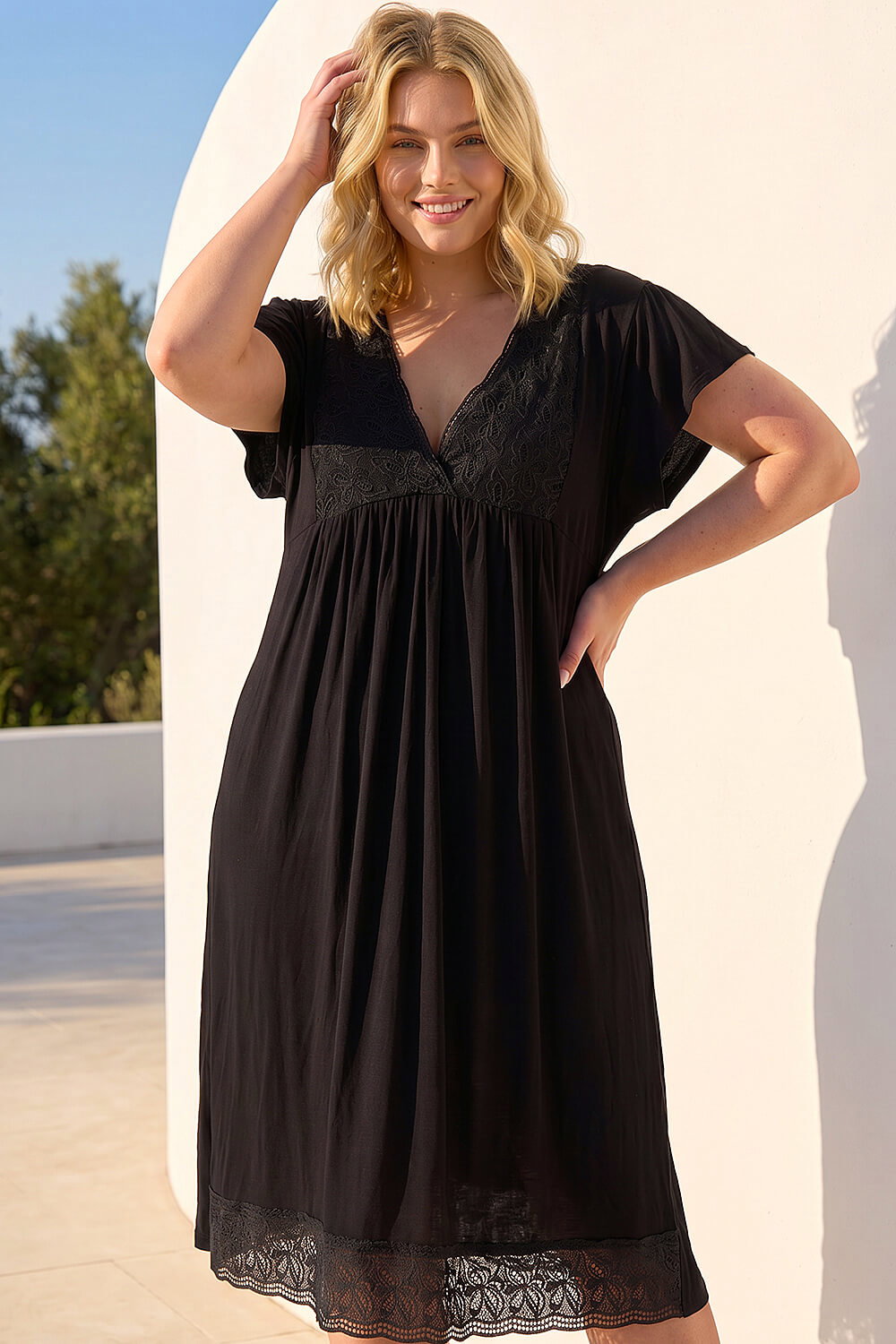 Black Curve Lace V-Neck Midi Dress, Image 1 of 4