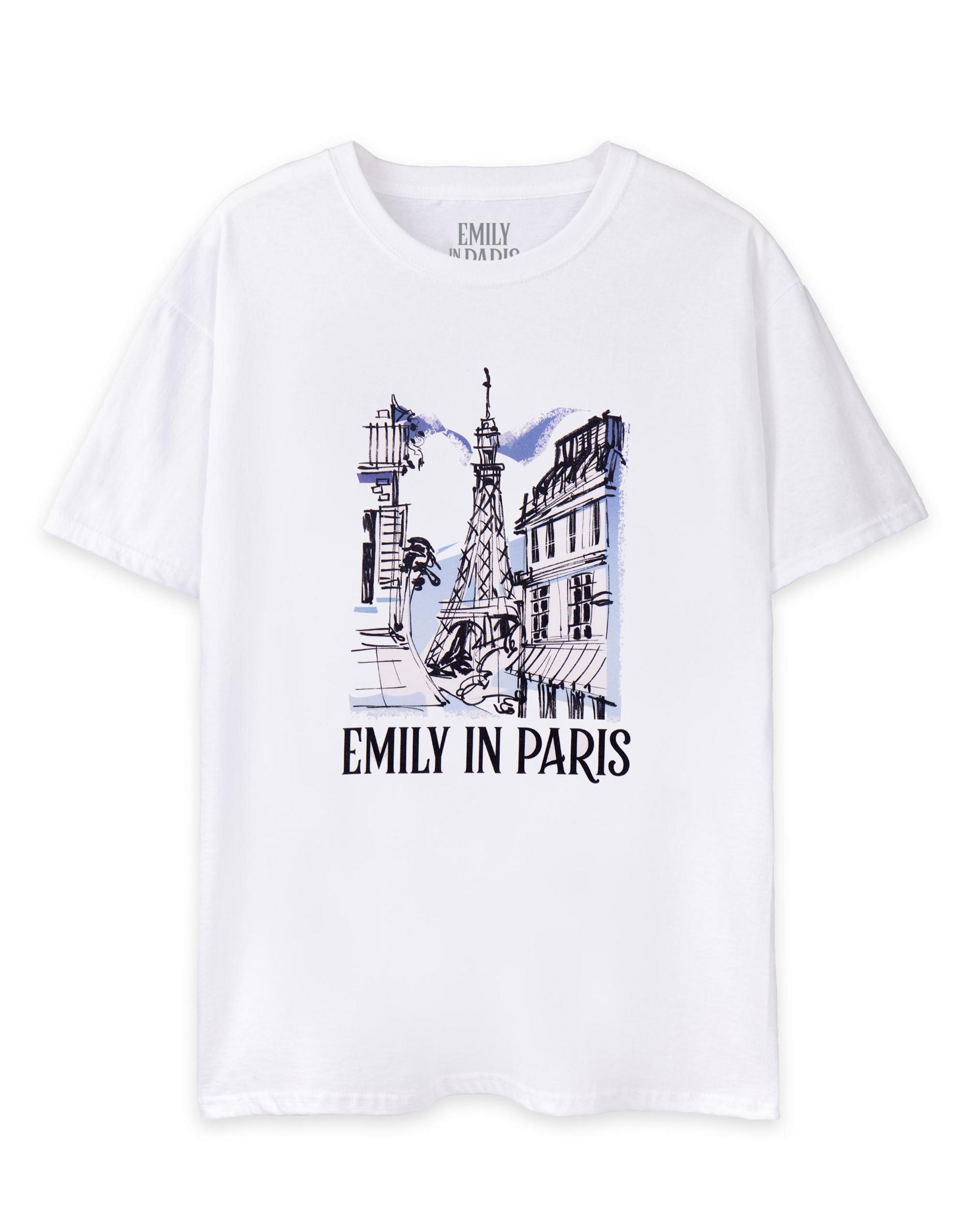 White Emily In Paris Sketchy Cityscape T-Shirt, Image 1 of 6