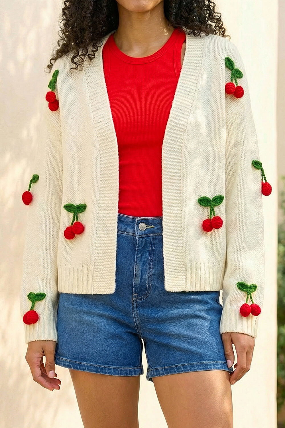 Roman Women's Ivory Crochet Cherry Knit Cardigan Size 18