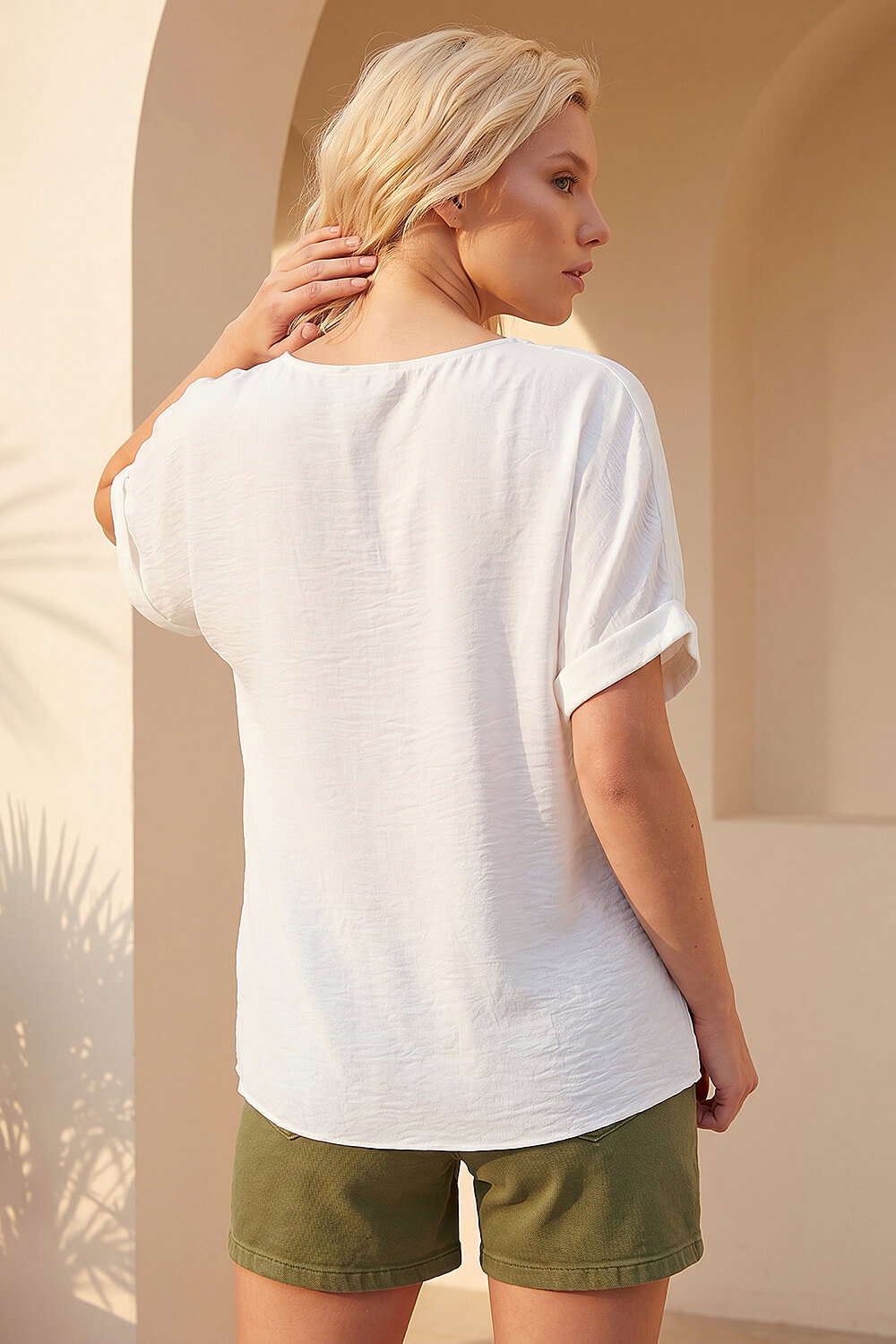 White Petite Zip Front V-Neck Top , Image 4 of 4