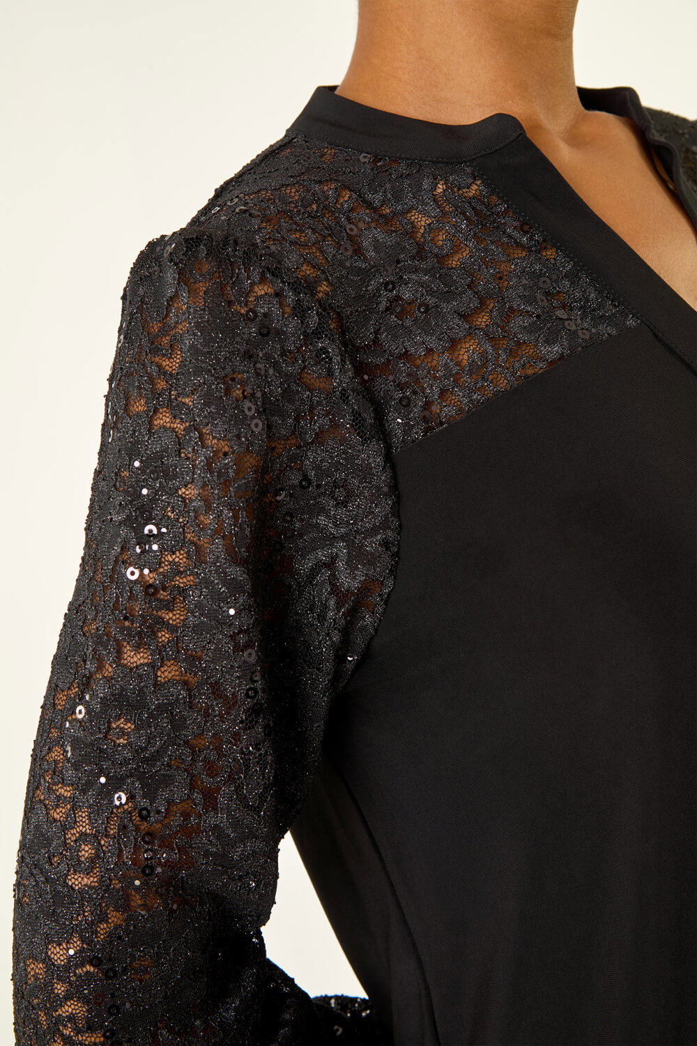 Black Sequin Lace Insert Stretch Blouse, Image 6 of 5