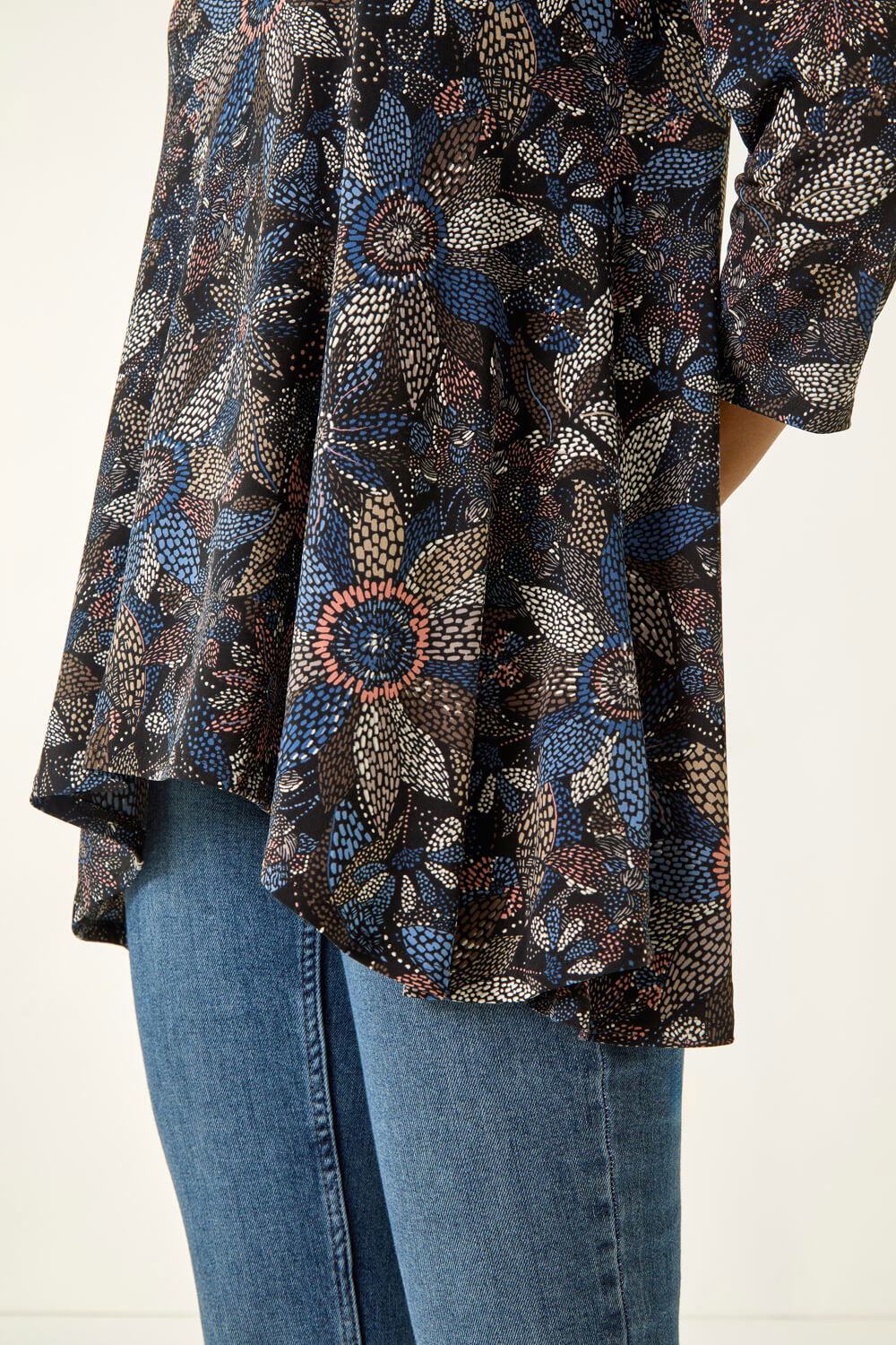 Blue Floral Puff Print Stretch Tunic, Image 5 of 5