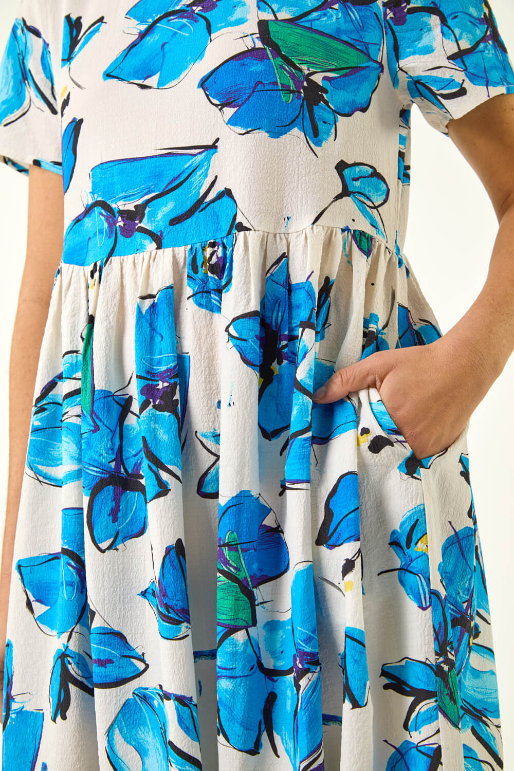 Blue Floral Smock Midi Dress, Image 6 of 5