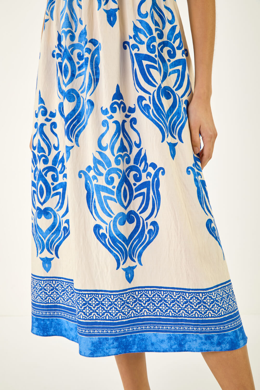 Blue Abstract Print Shirred Midi Dress, Image 7 of 6