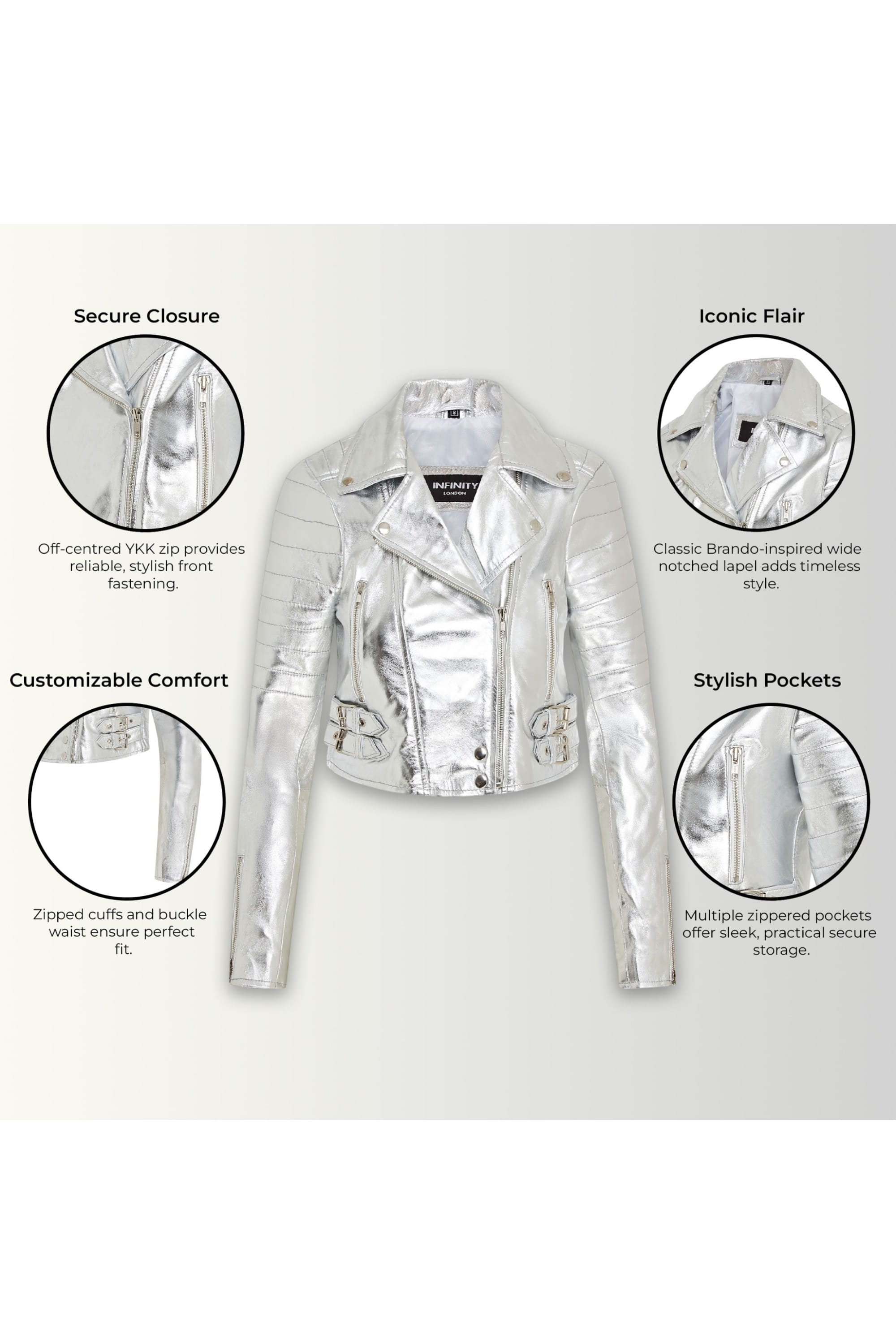 Silver Cropped Brando Leather Biker Jacket, Image 3 of 7