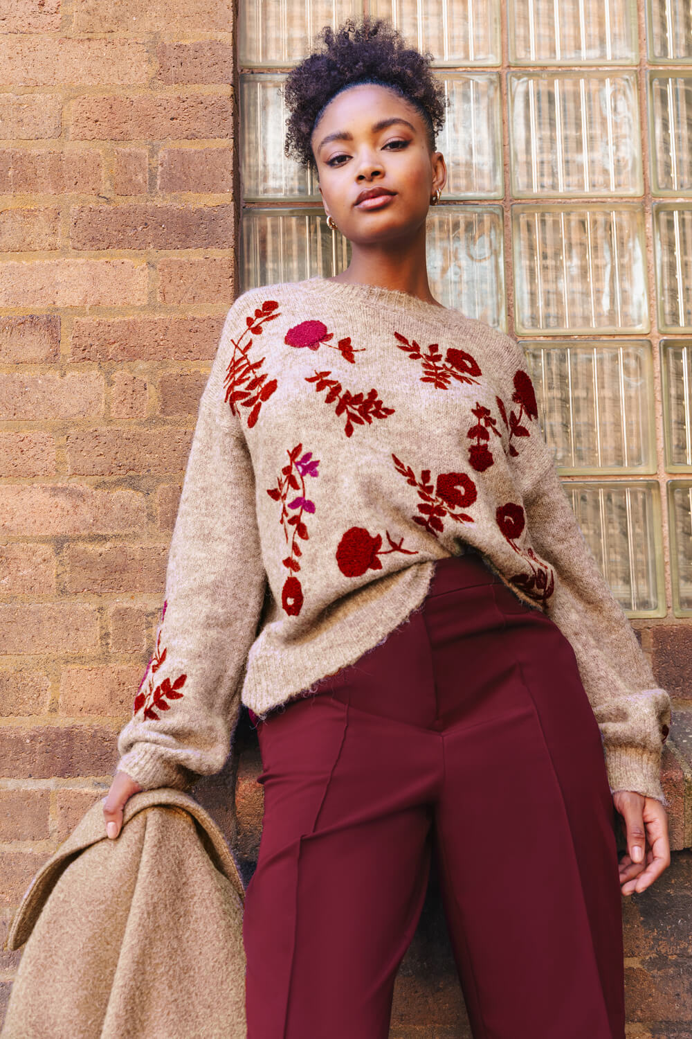 Taupe Floral Crew Neck Knit Jumper, Image 8 of 7