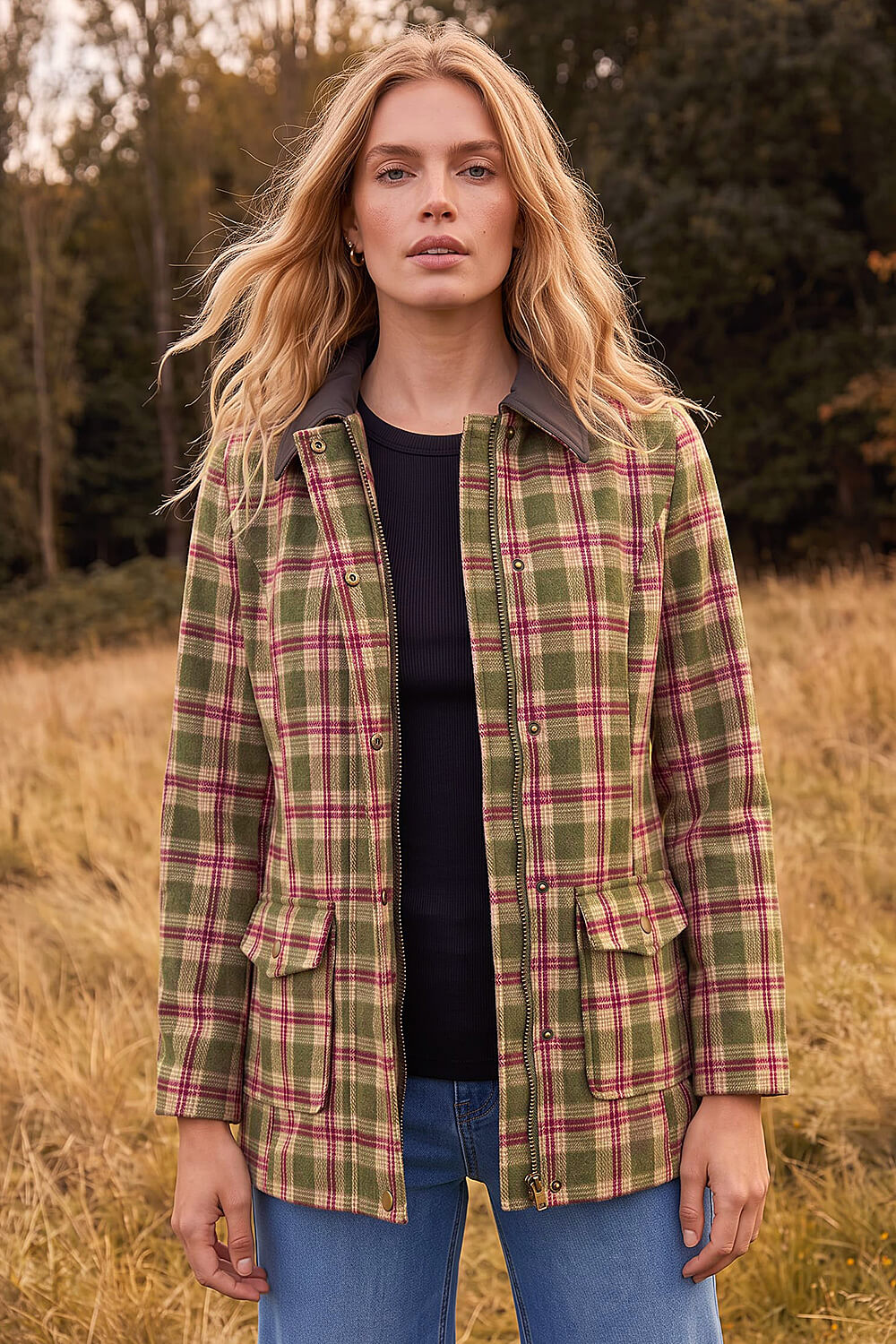Roman Petite Women's Green Check Contrast Coat Size 14