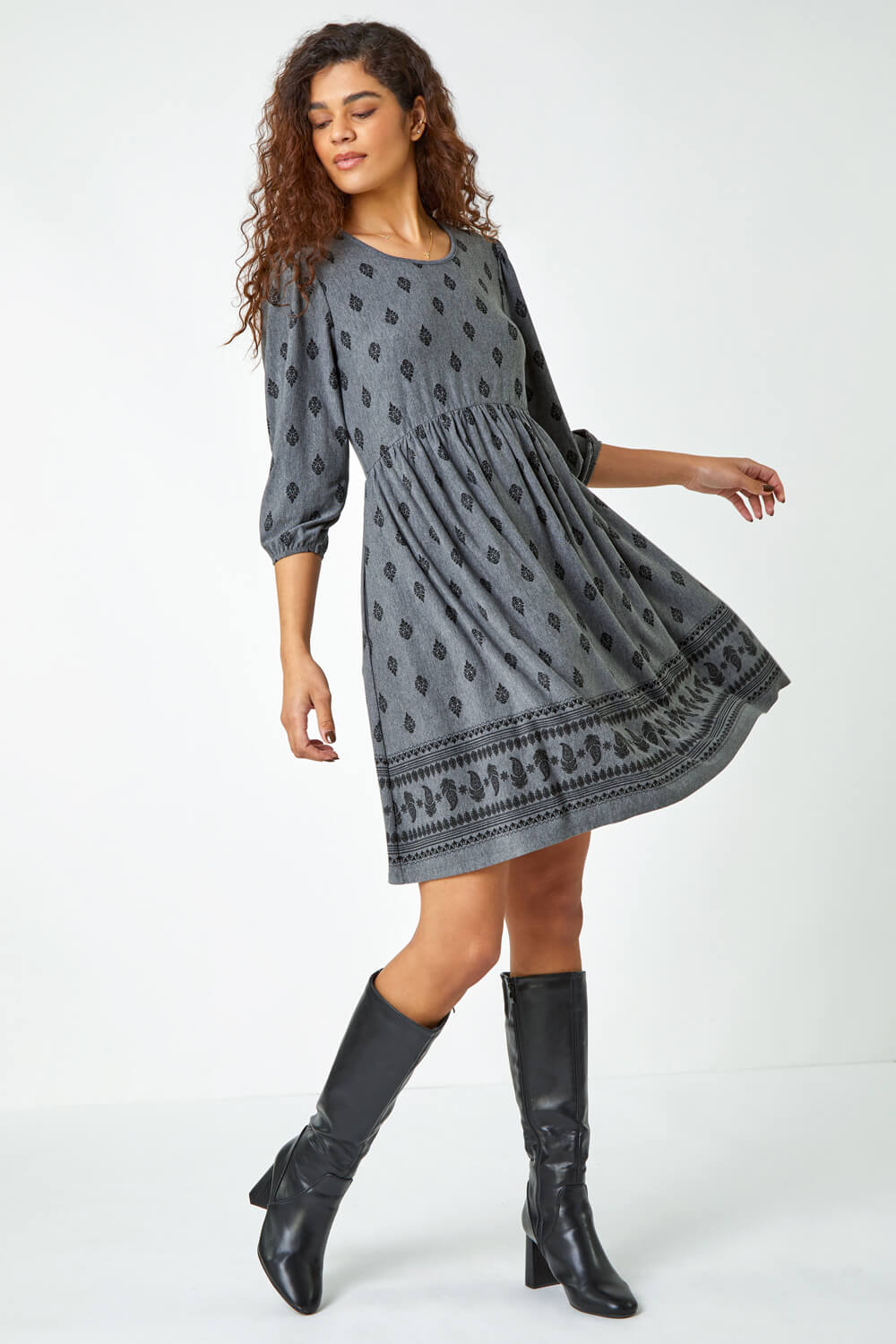 Grey Paisley Border Print Stretch Dress , Image 3 of 5