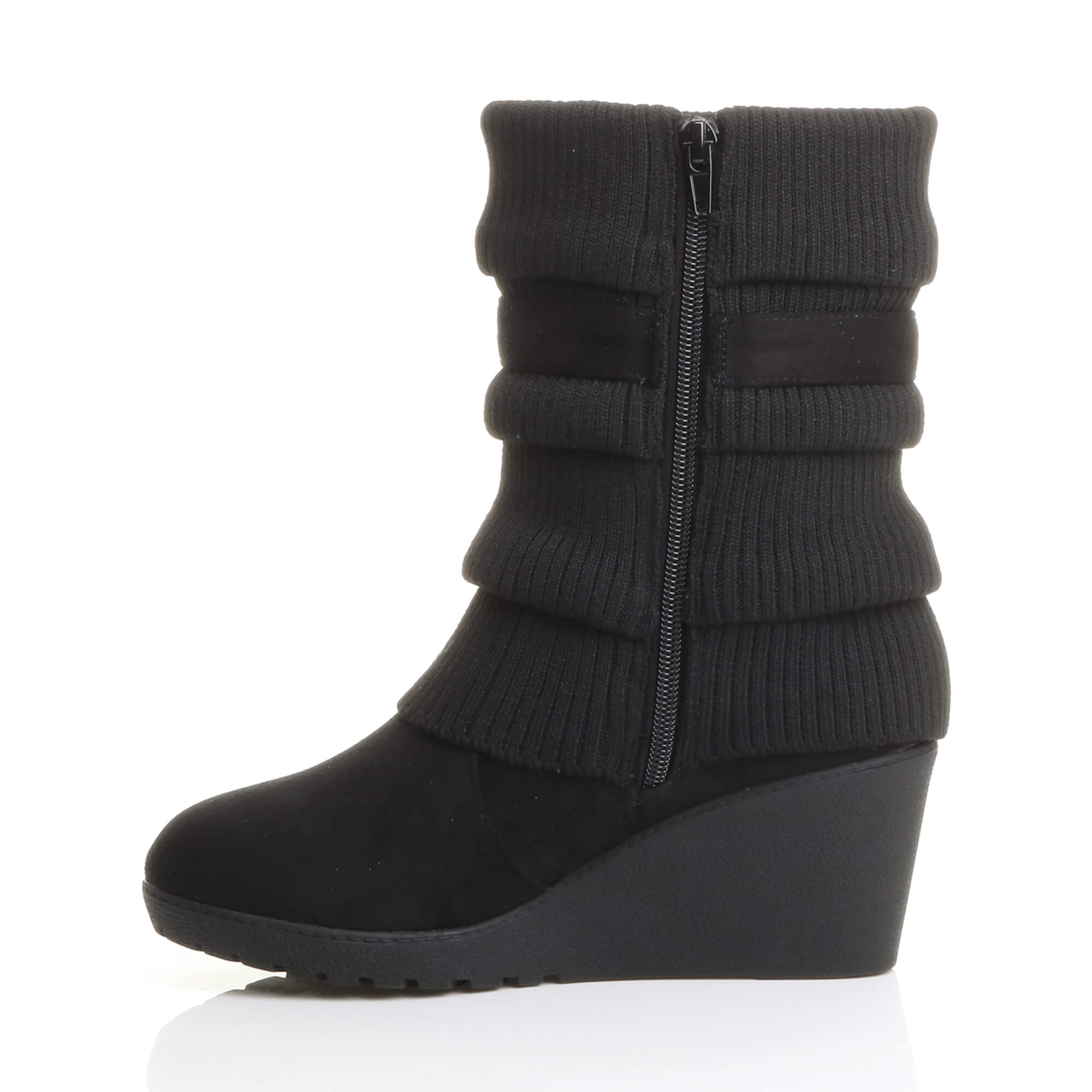 Black AJVANI Black Mid Wedge Heel Slouch Ankle Boots, Image 3 of 6