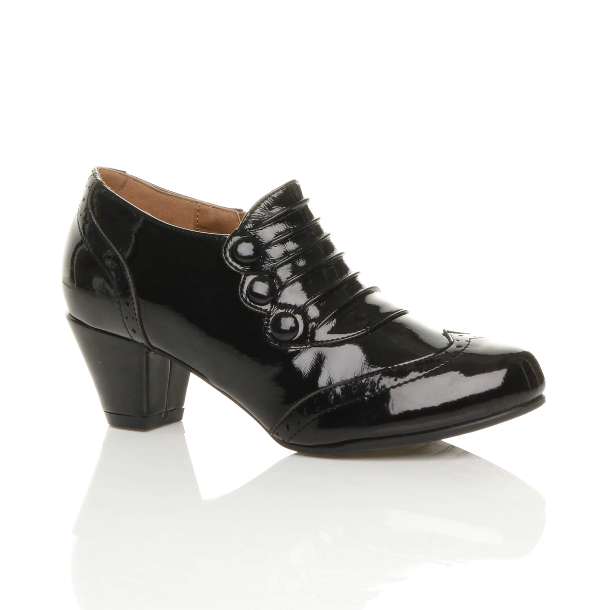 Black Mid Cuban Heel Brogue Button Ankle Boots, Image 1 of 6