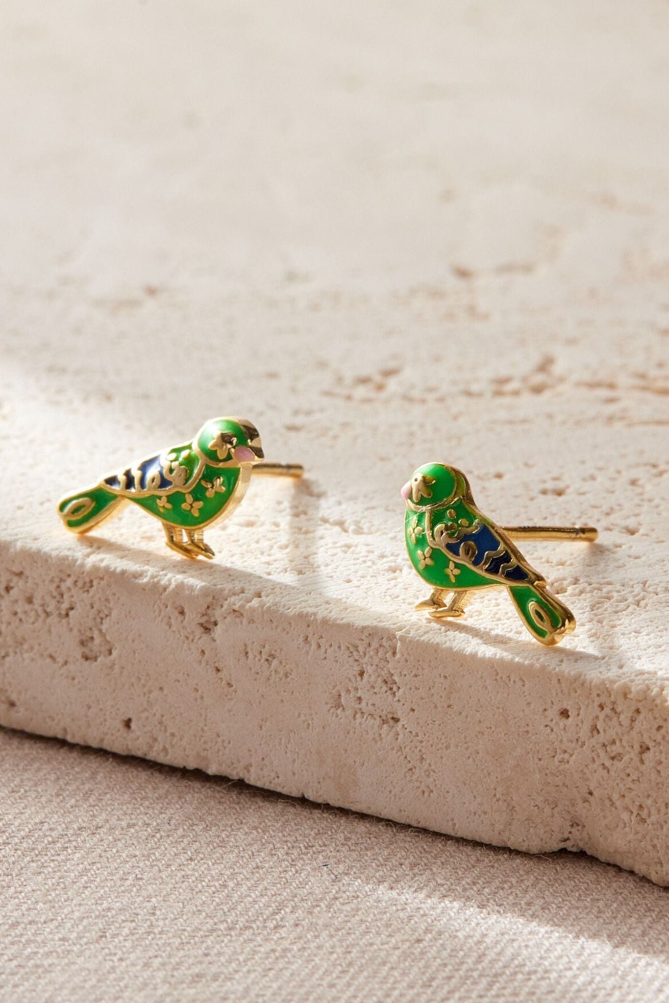 Gold Greenfinch Birds S925 Sterling Silver Stud Earrings, Image 2 of 2