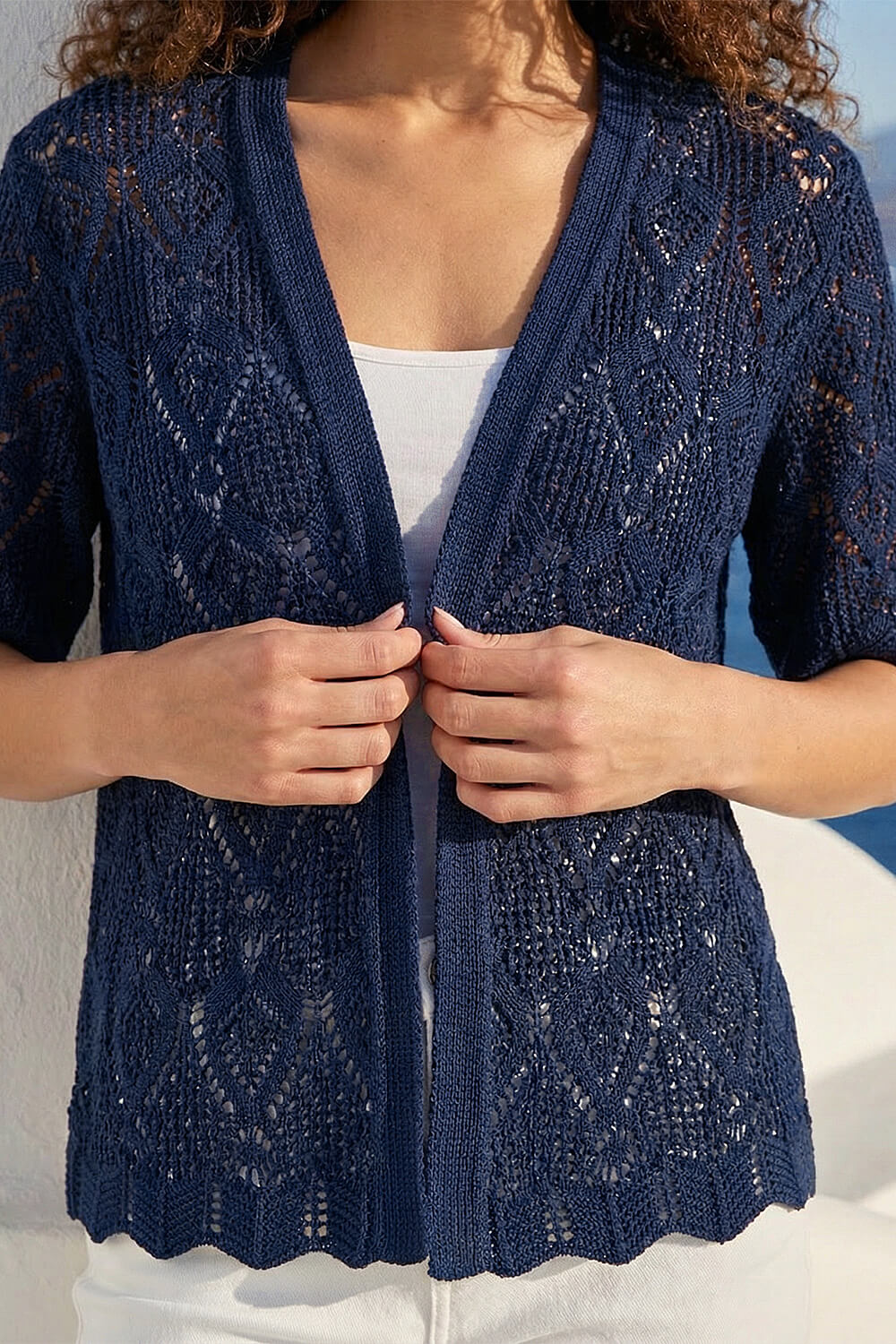 Navy  Petite Pointelle Open Cardigan, Image 5 of 4