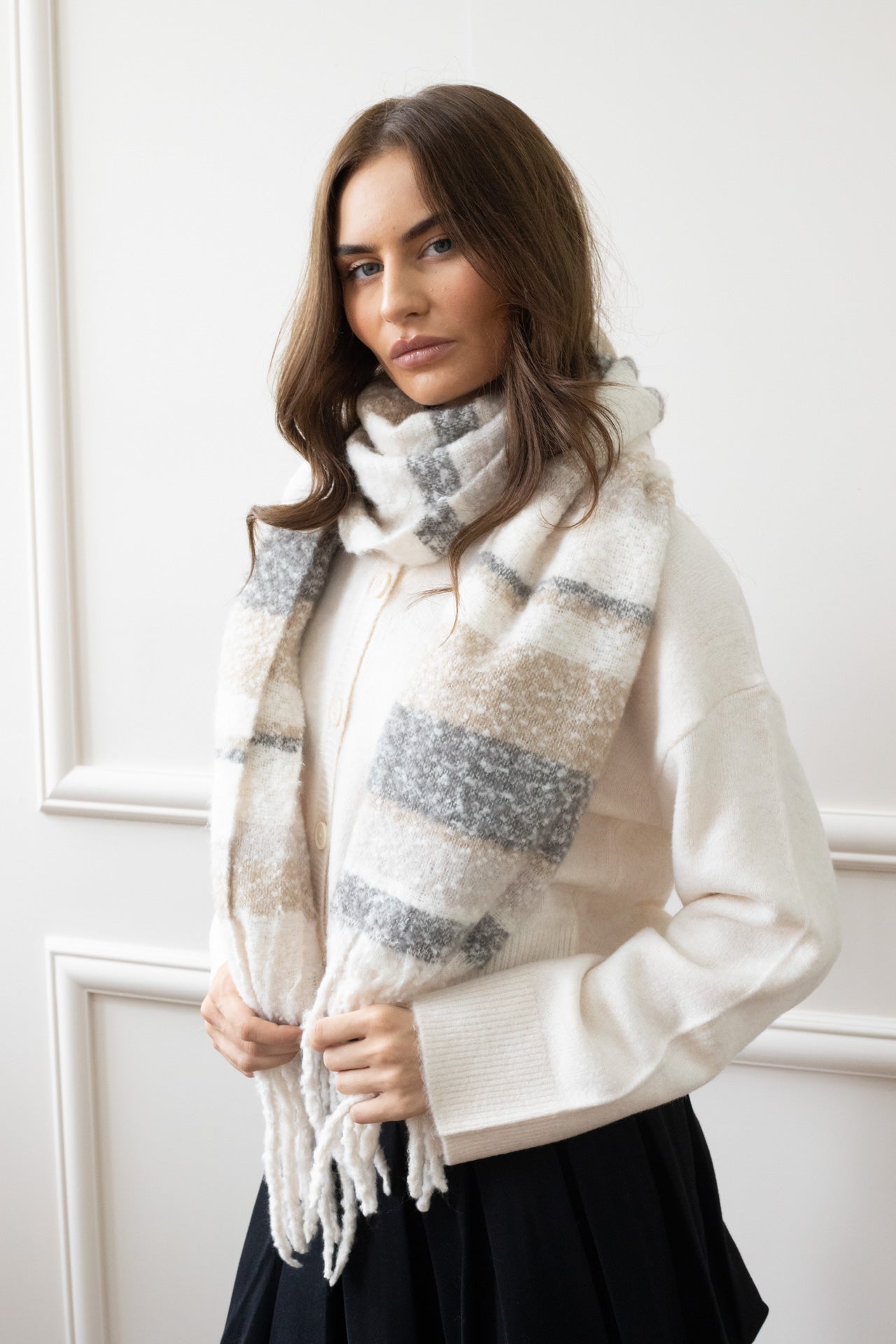 Cream Chunky Striped Scarf, Image 2 of 5