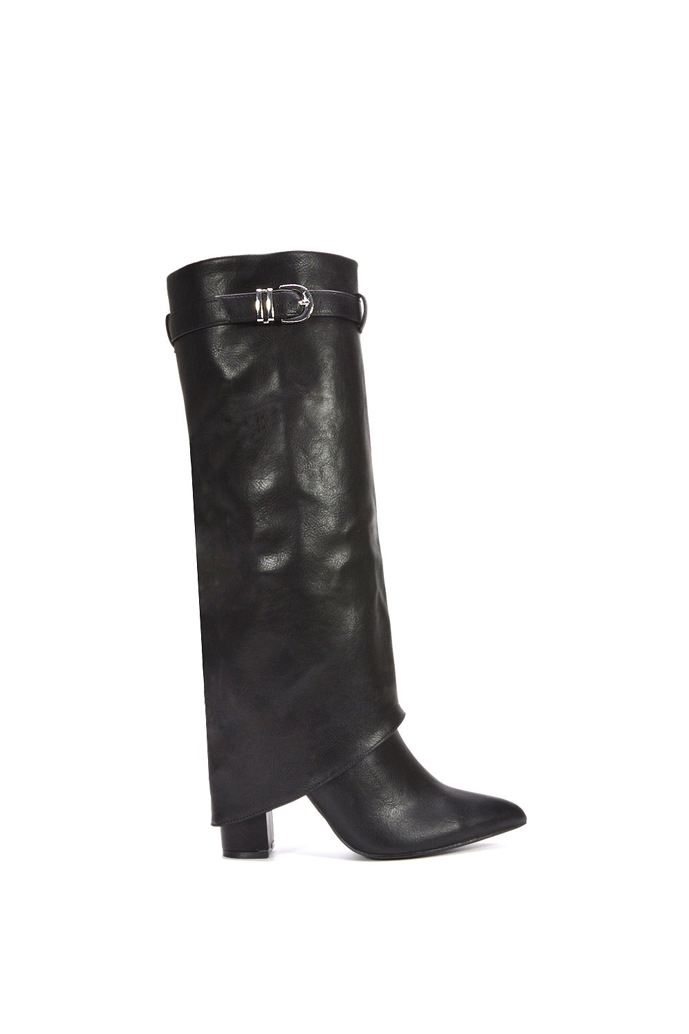 Black XY LONDON Black 'Aaliyah' Fold Over Boots Block Heel Buckle Point Toe, Image 1 of 7