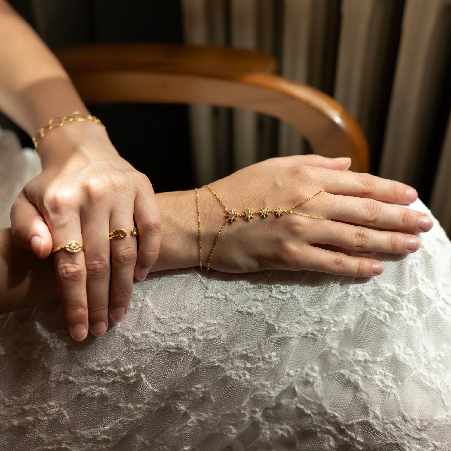 Gold Stars Of Universe Sterling Silver Gold Plated Hand Chain Ring, Image 4 of 7