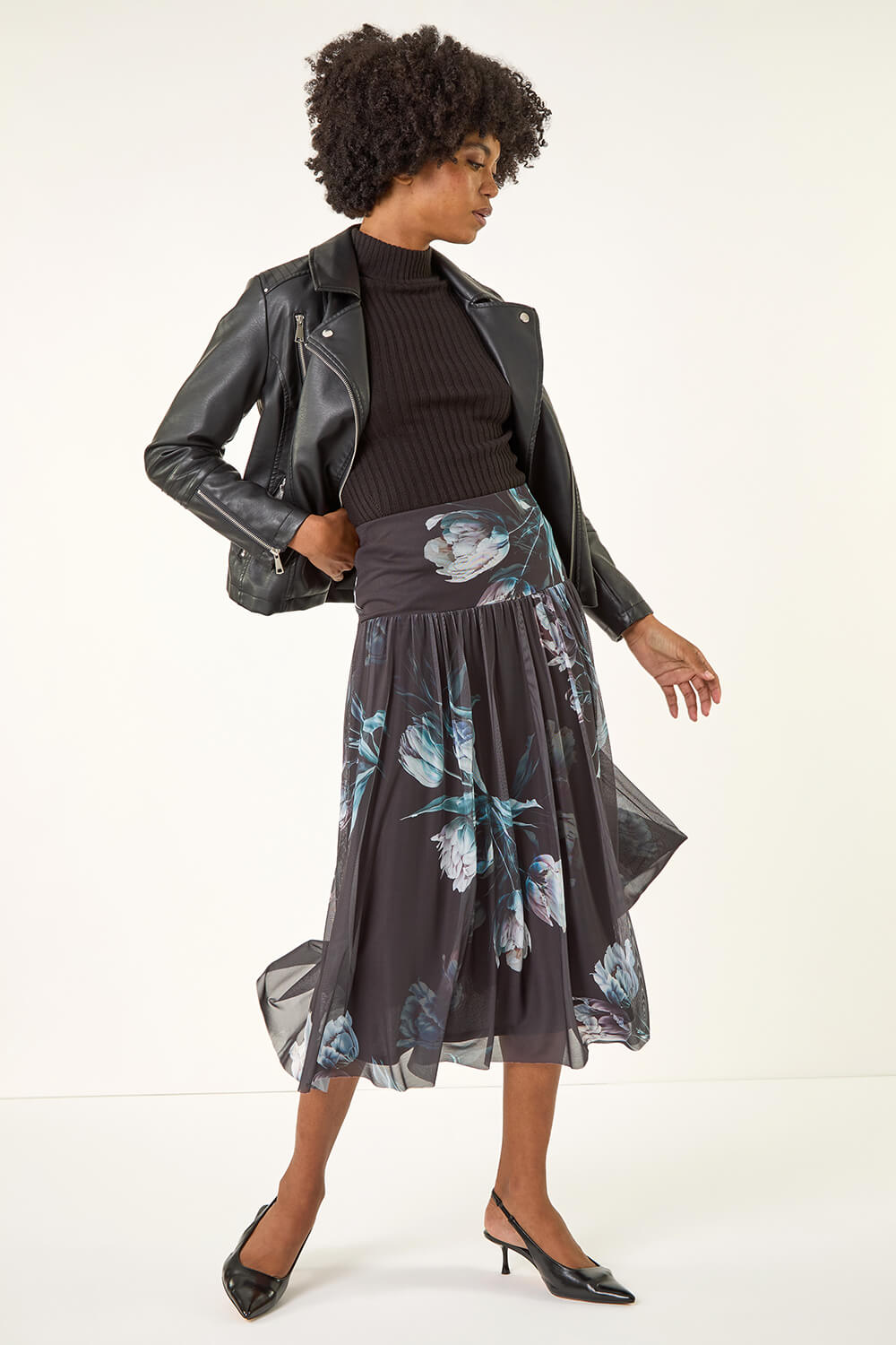 Black Floral Print Mesh Layered Skirt, Image 4 of 5