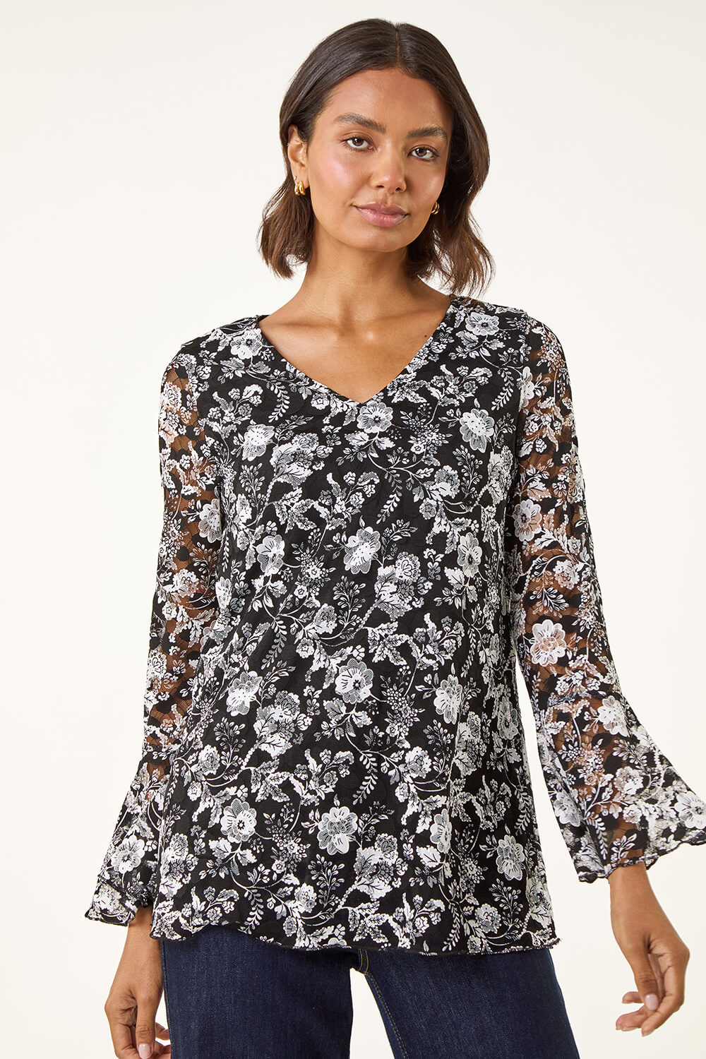 Black Floral Print V-Neck Stretch Lace Top, Image 6 of 6