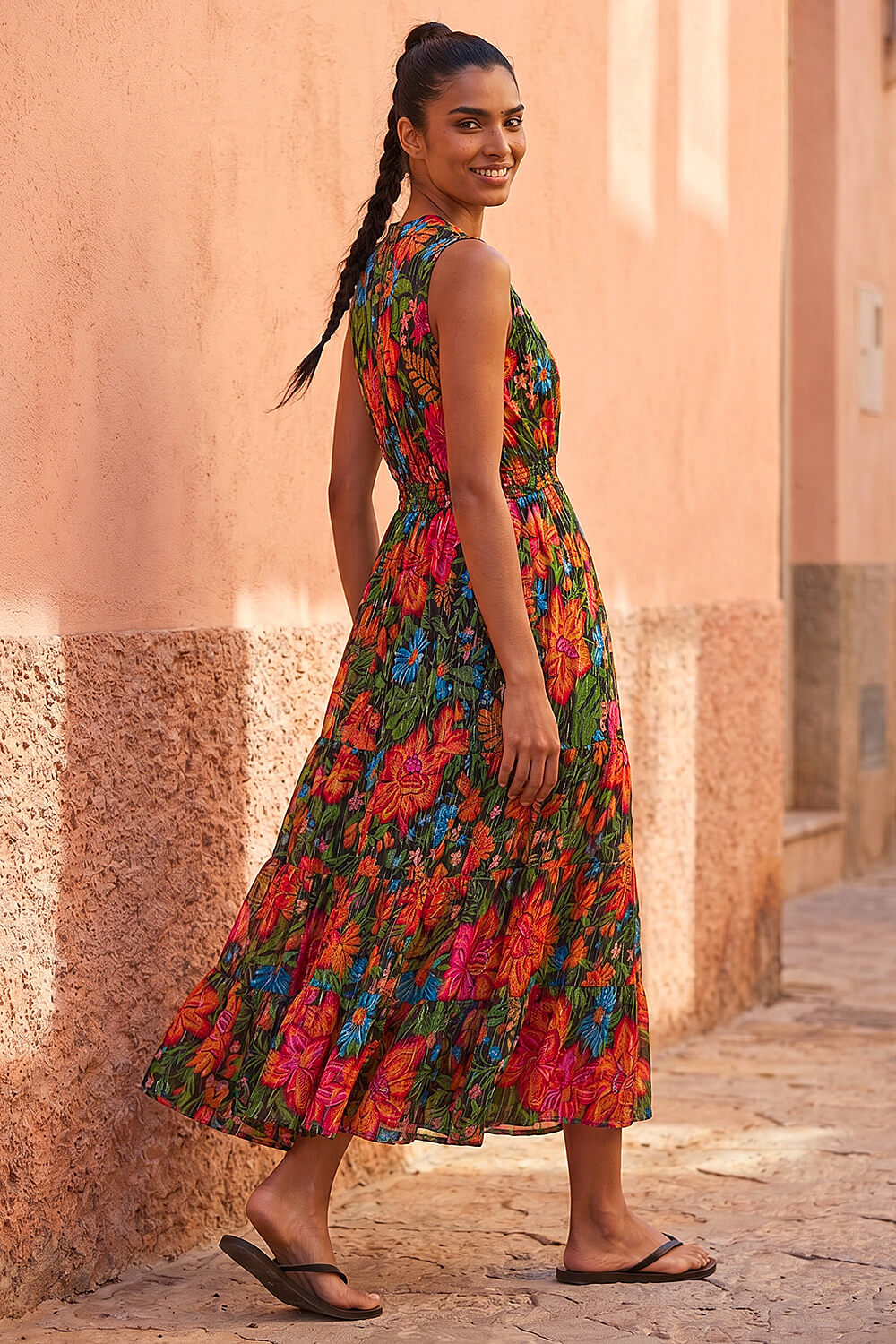 Red Floral Shirred Maxi Dress, Image 4 of 4