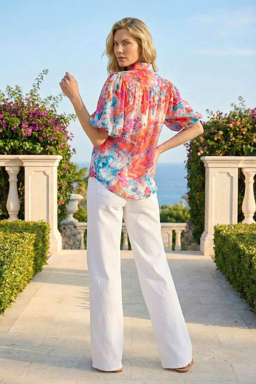 Orange Abstract Print Button Up Blouse , Image 4 of 4