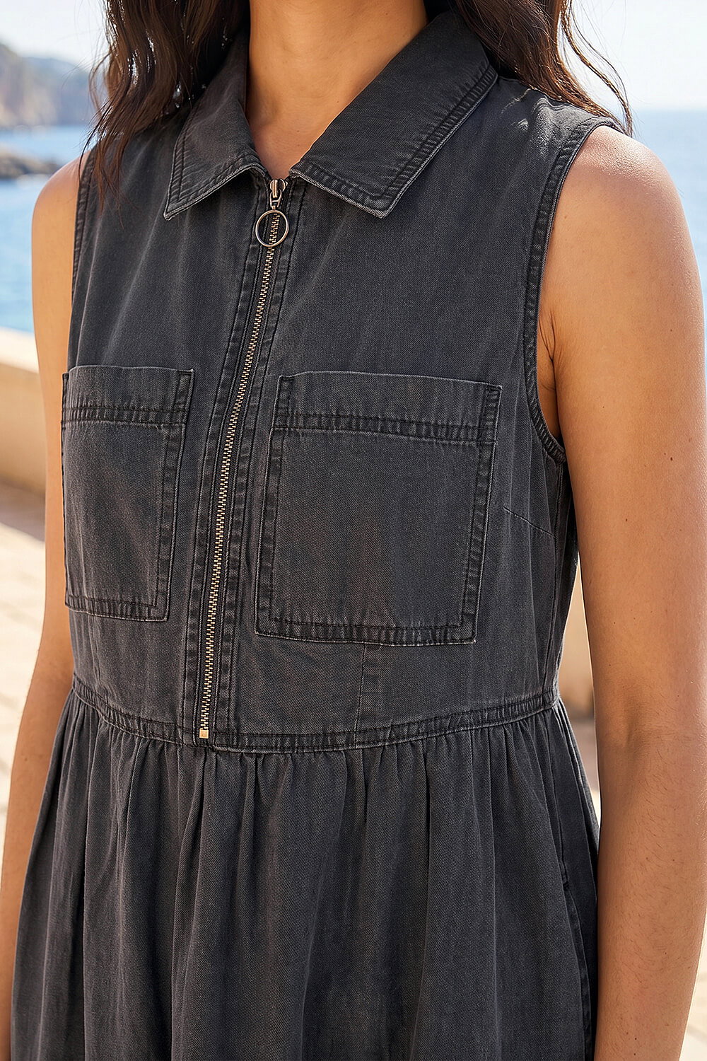 Black Collared Front Zip Midi Dress, Image 5 of 4