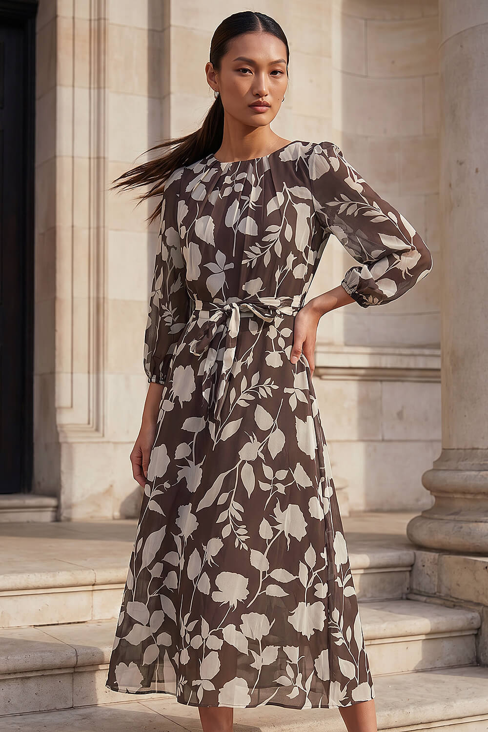 Chocolate Floral Pleated Midi Dress, Image 1 of 4