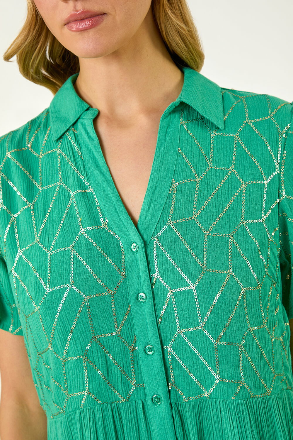 Jade V-Neck Sequin Button Midi Dress, Image 6 of 5