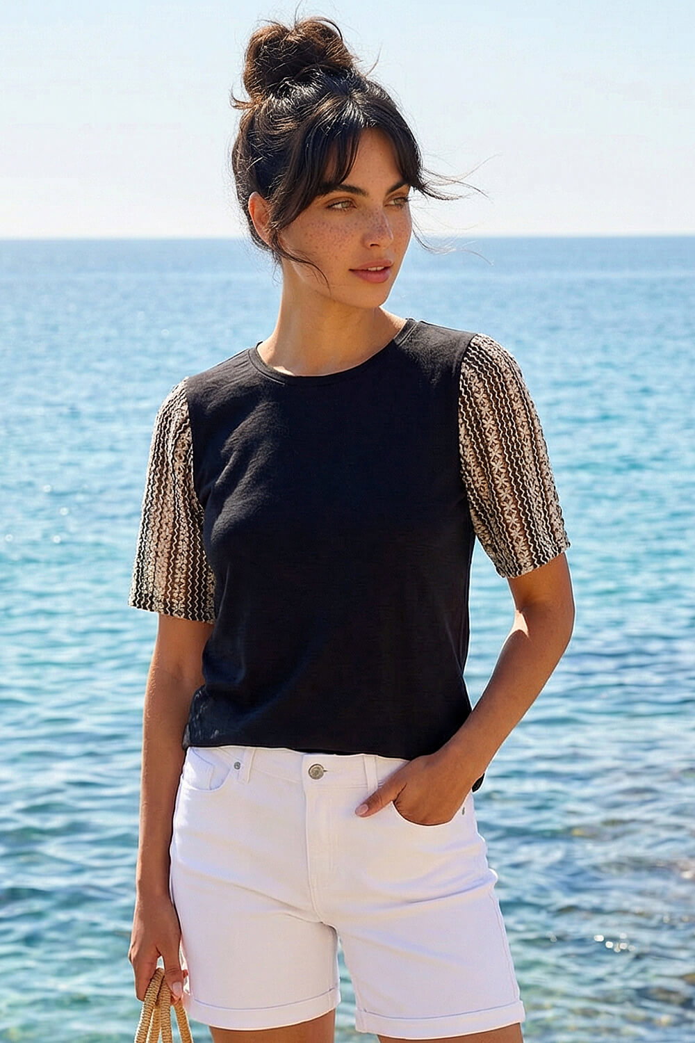 Black Dusk Contrast Crochet Sleeve Top, Image 1 of 4
