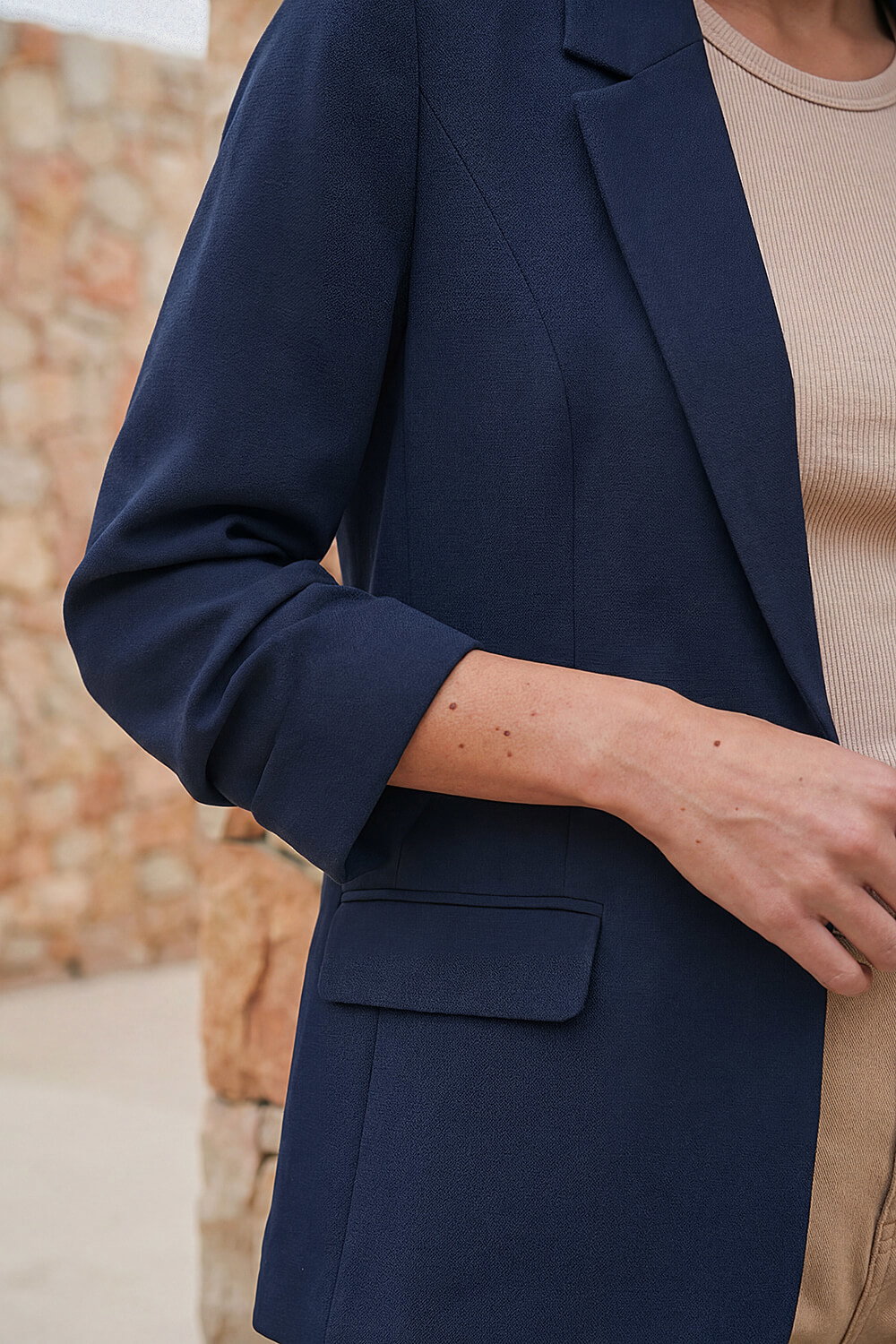Navy Ruched 3/4 Sleeve Blazer Jacket, Image 5 of 4