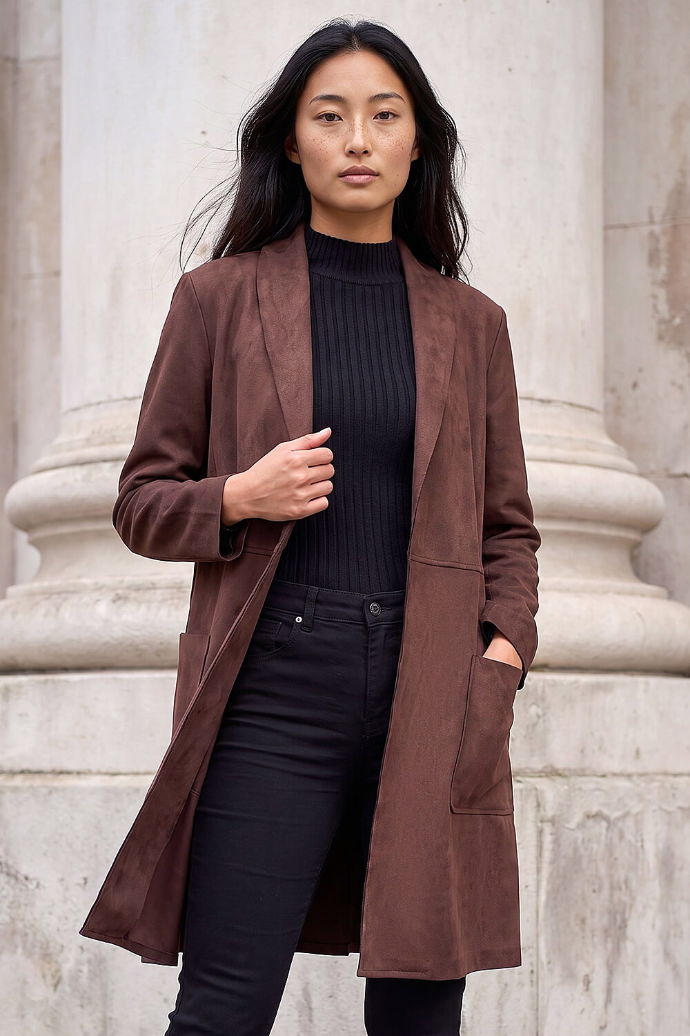 Roman Petite Women's Chocolate Faux Suede Pocket Jacket Size 12