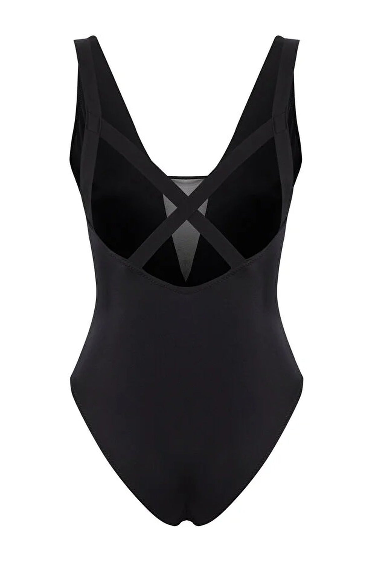 Black Plunge Mesh Panel Detail High Leg Swimsuit, Image 4 of 5
