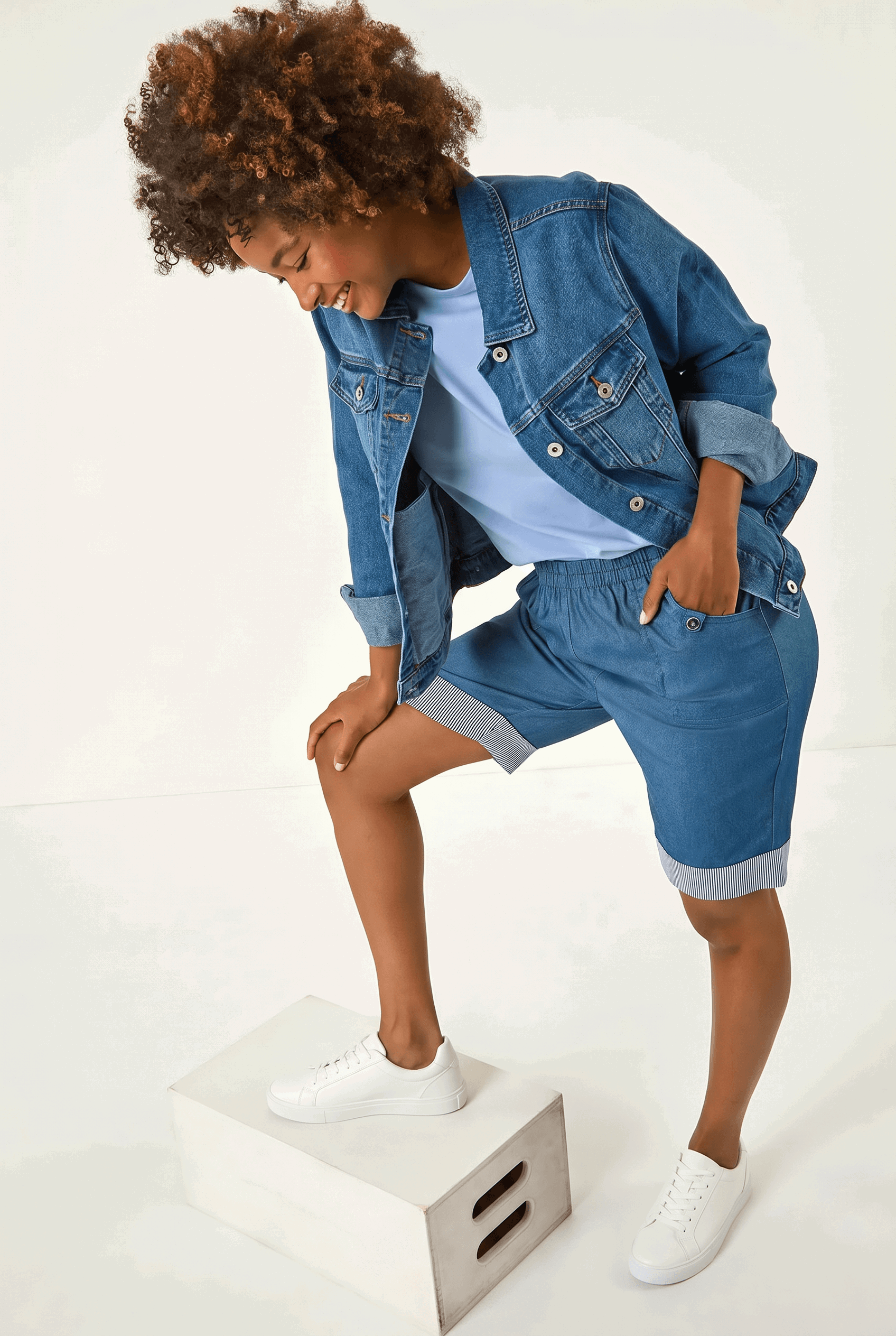Denim Bengaline Turn Up Stripe Stretch Shorts, Image 1 of 5