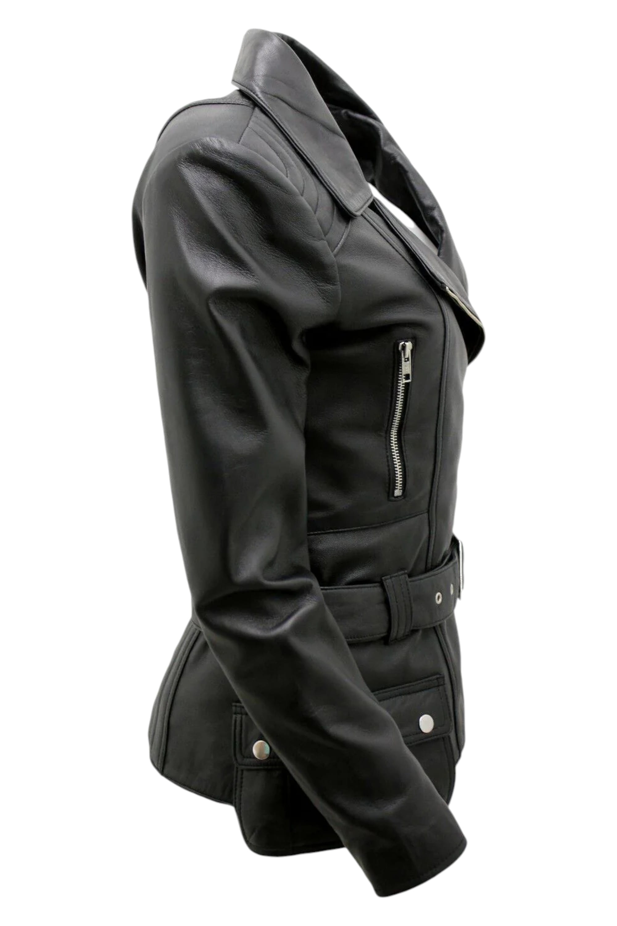 Black Womens Long Leather Biker Jacket-Quito, Image 2 of 4