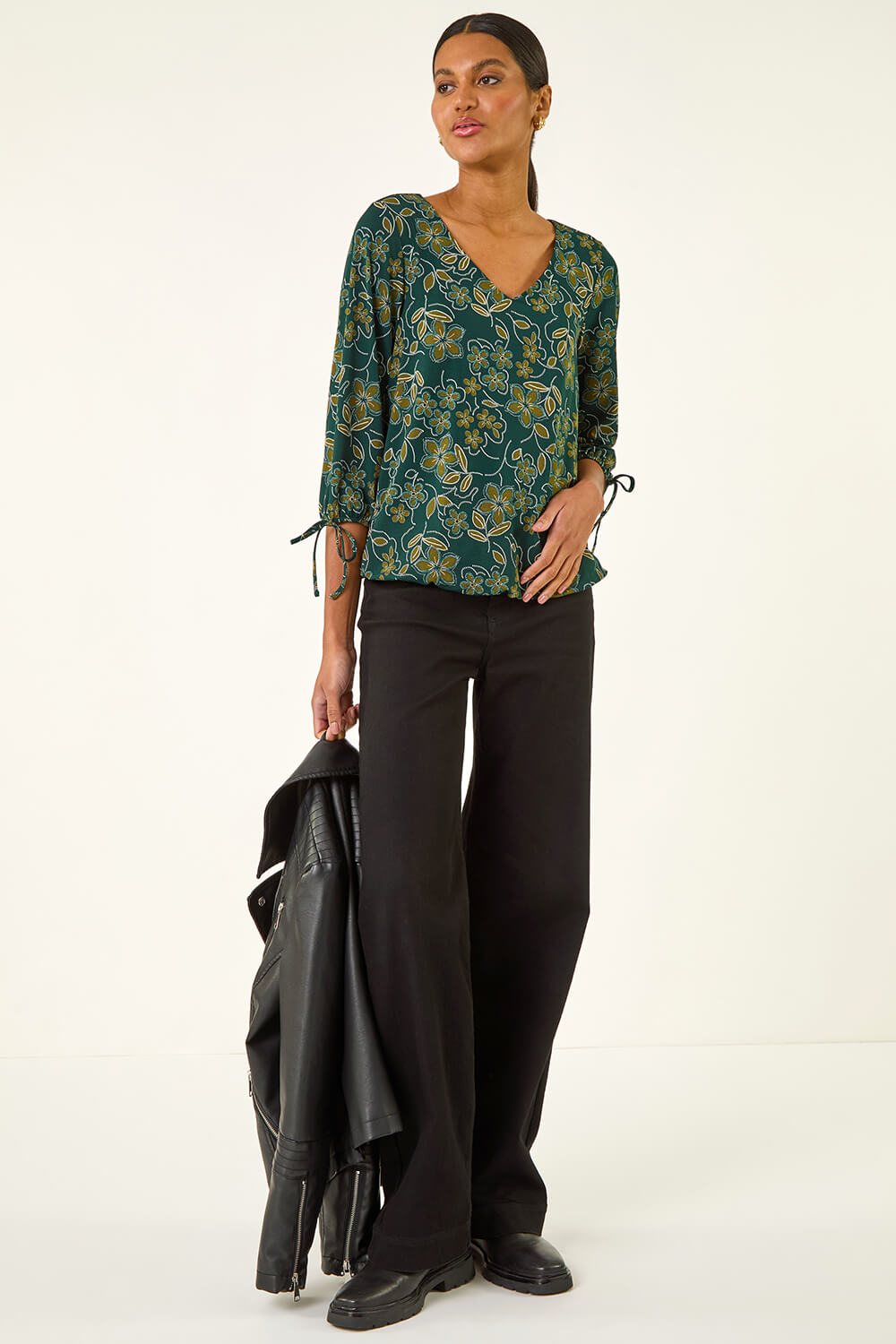 Olive Floral V-Neck Stretch Top, Image 4 of 6