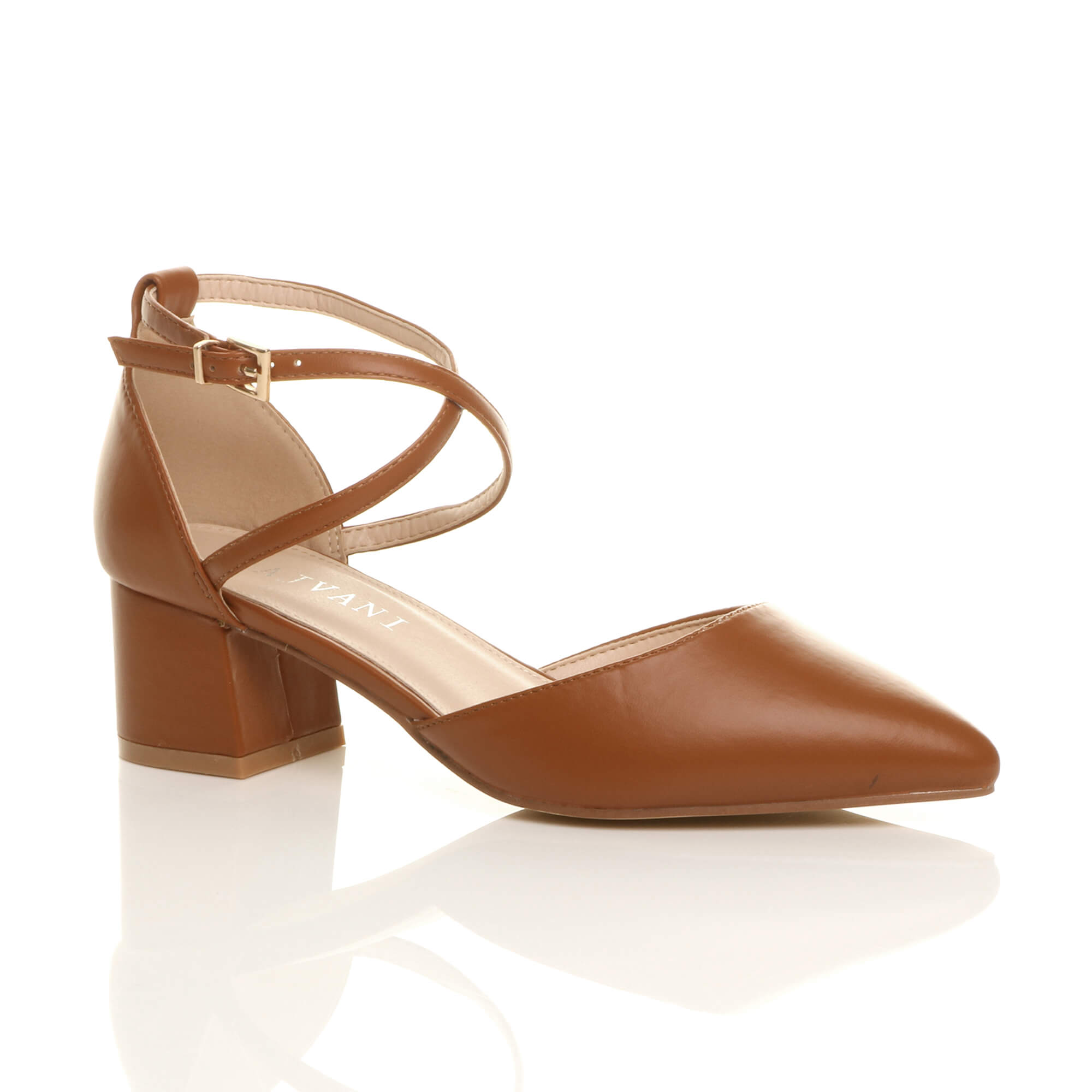Black Mid Block Heel Crossed Strap Pointed Toe 2 Part Heels