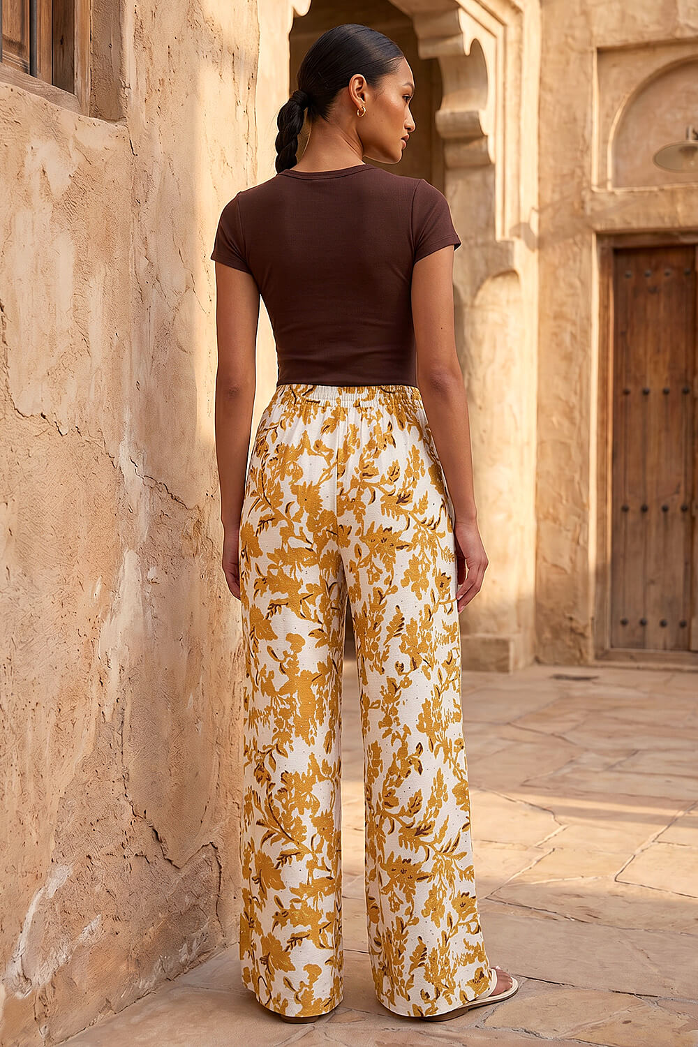 Ochre Floral Sparkle Tie Waist Trouser, Image 4 of 5
