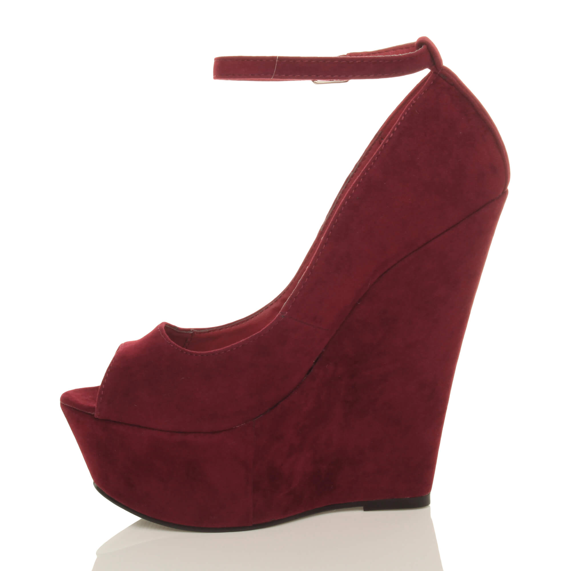 Burgundy High Wedge Heel Ankle Strap Platform Peep Toe Shoes, Image 3 of 6