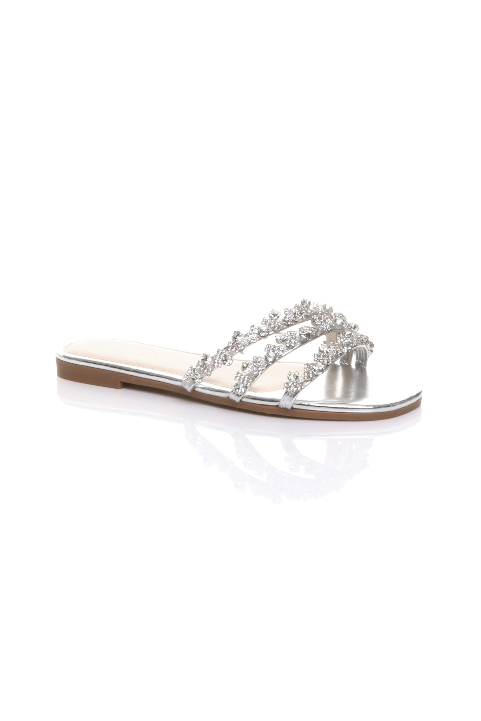 Silver Flat Diamante Sandals Flip Flops Sliders, Image 1 of 4